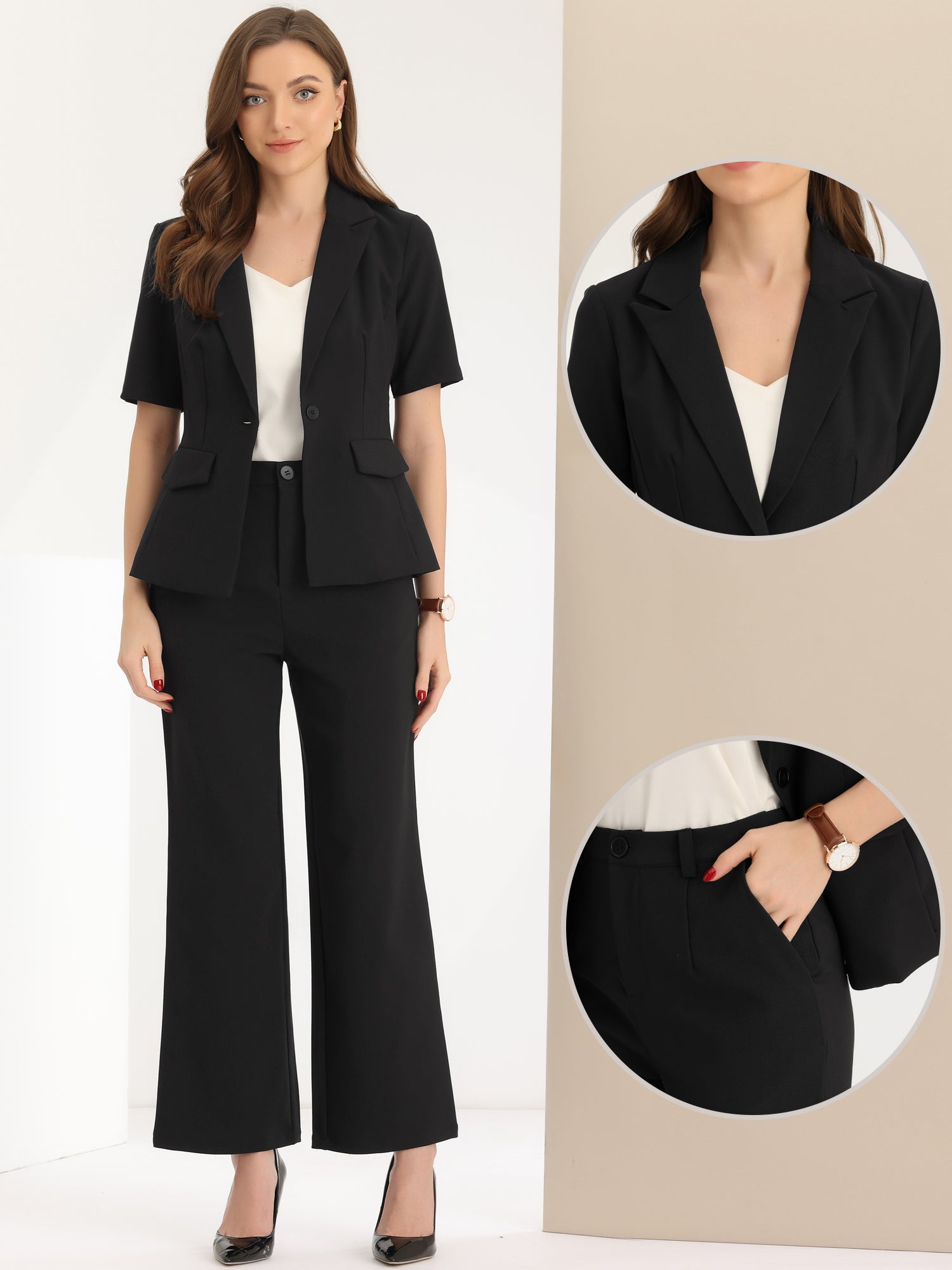 2 Pieces One Button Short Sleeve Blazer Jacket and Suit Pants Office Suit Set