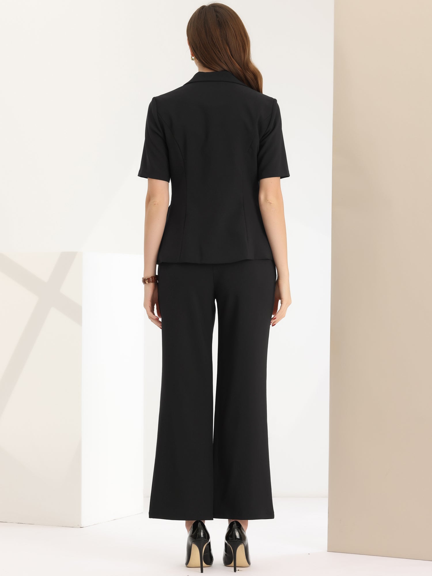 2 Pieces One Button Short Sleeve Blazer Jacket and Suit Pants Office Suit Set