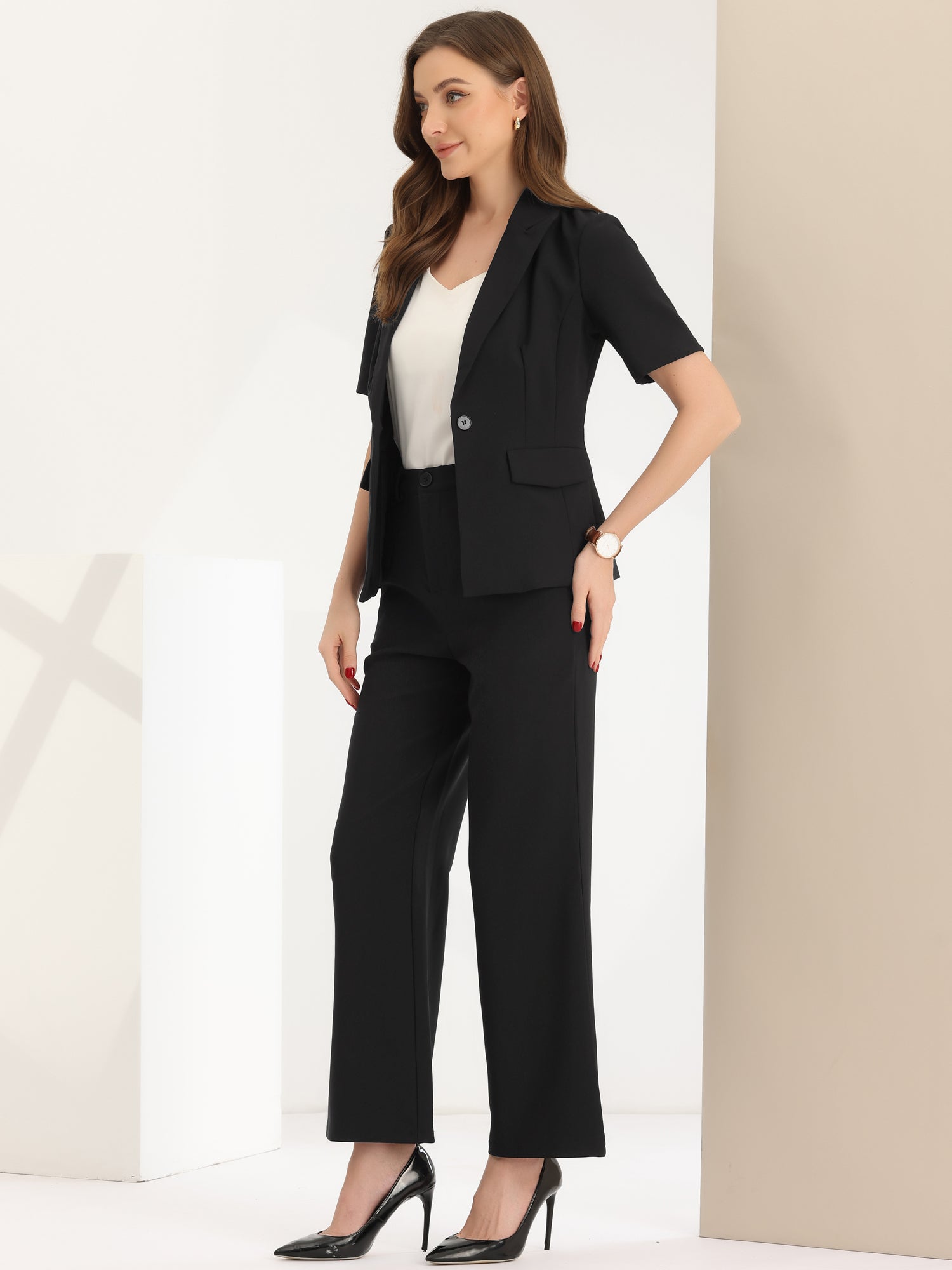2 Pieces One Button Short Sleeve Blazer Jacket and Suit Pants Office Suit Set