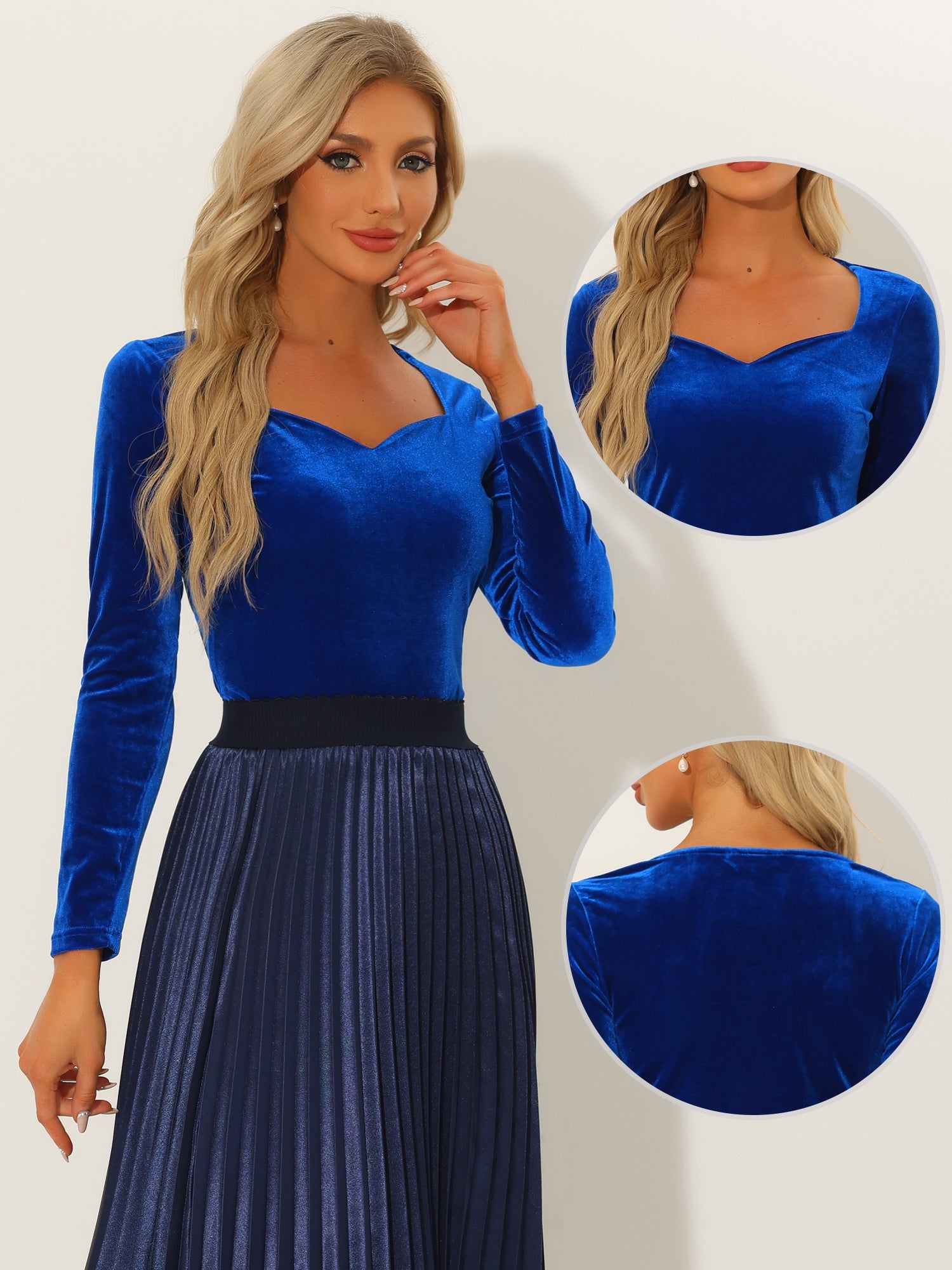 Casual Velvet Long Sleeve Solid Color Sweetheart Neck Blouse