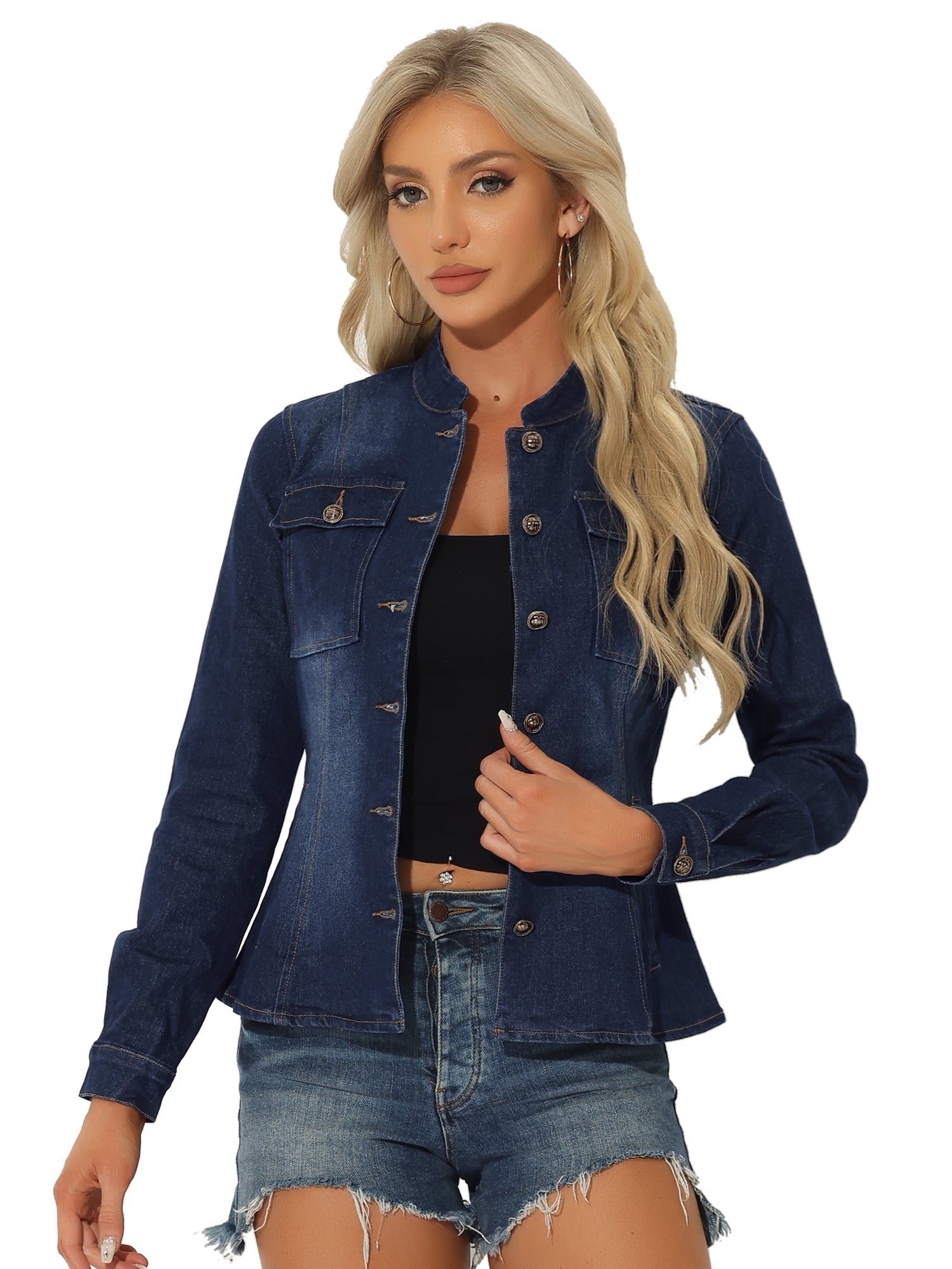 Casual Denim Classic Stand Collar Long Sleeve Jean Jacket