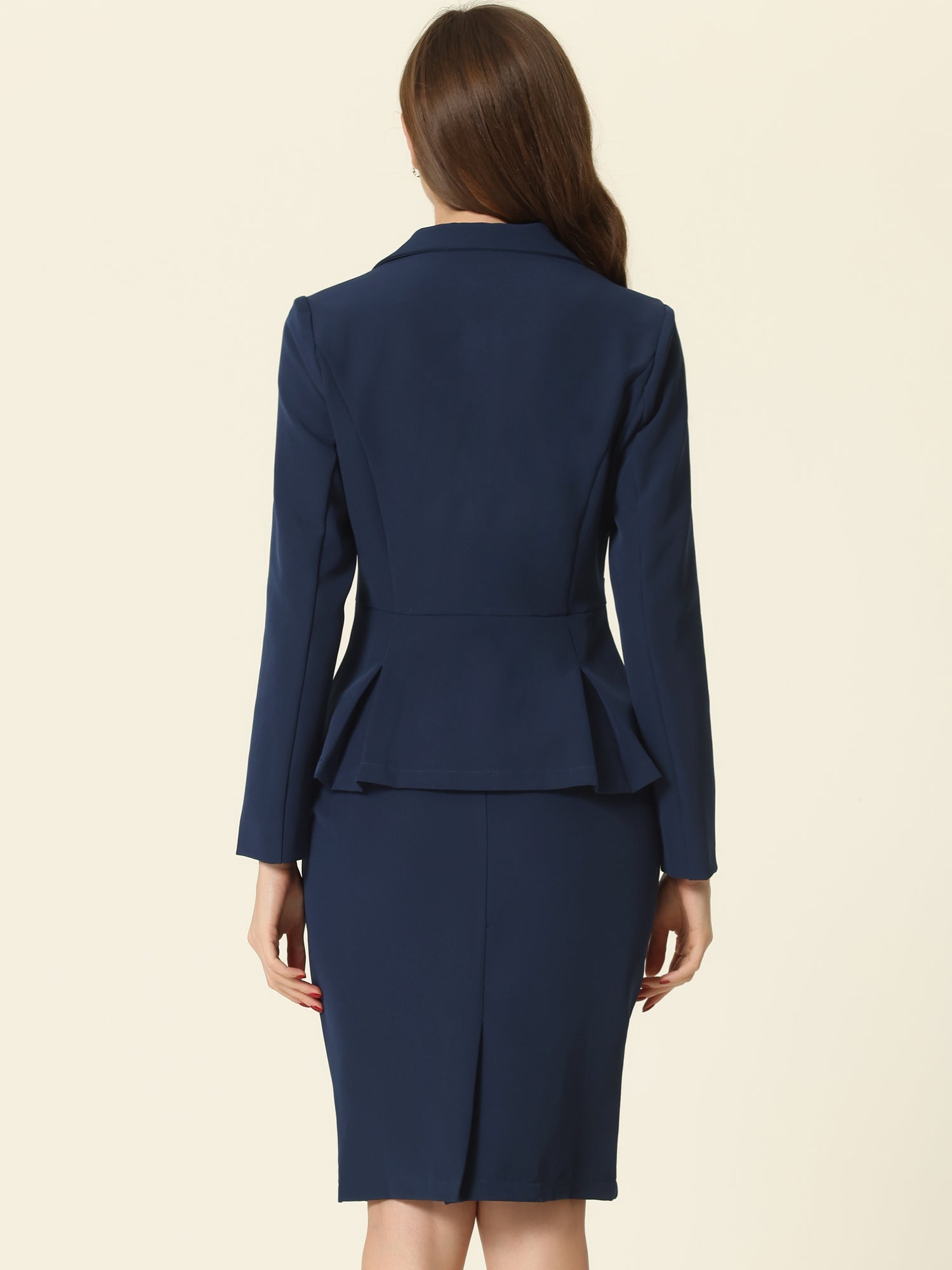 2 Piece Long Sleeve Notched Lapel Peplum Blazer Pencil Skirt Suit Set