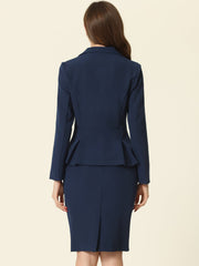2 Piece Long Sleeve Notched Lapel Peplum Blazer Pencil Skirt Suit Set
