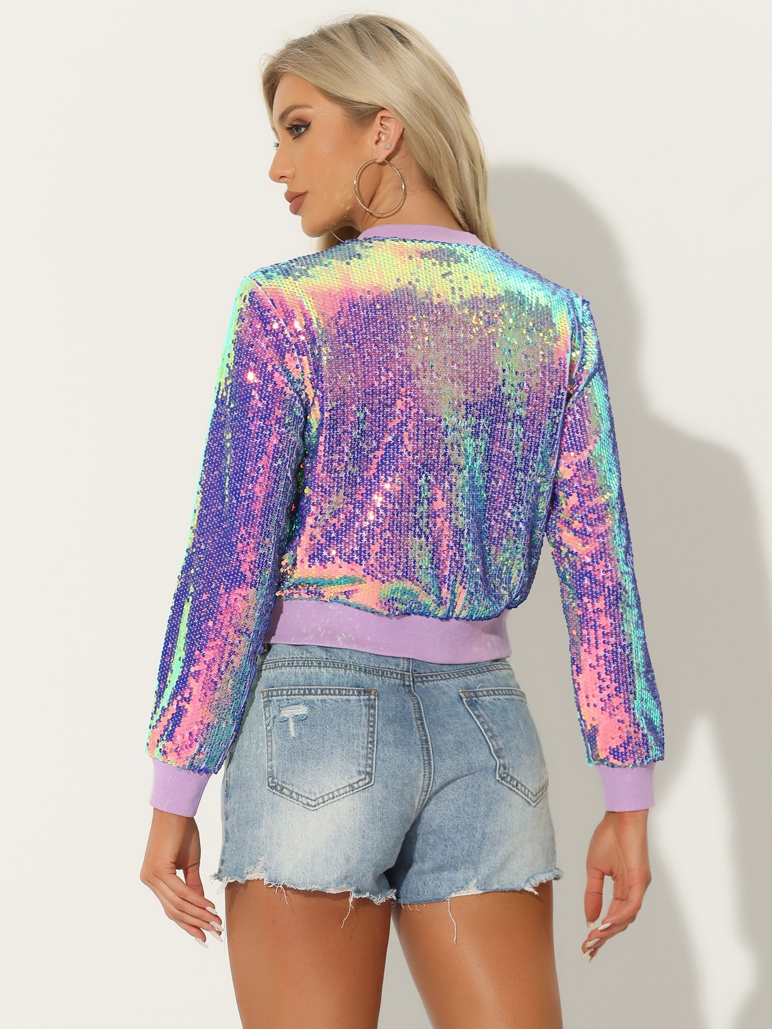 Sequin Long Sleeve Zipper Up Collarless Glitter Bomber Jacket