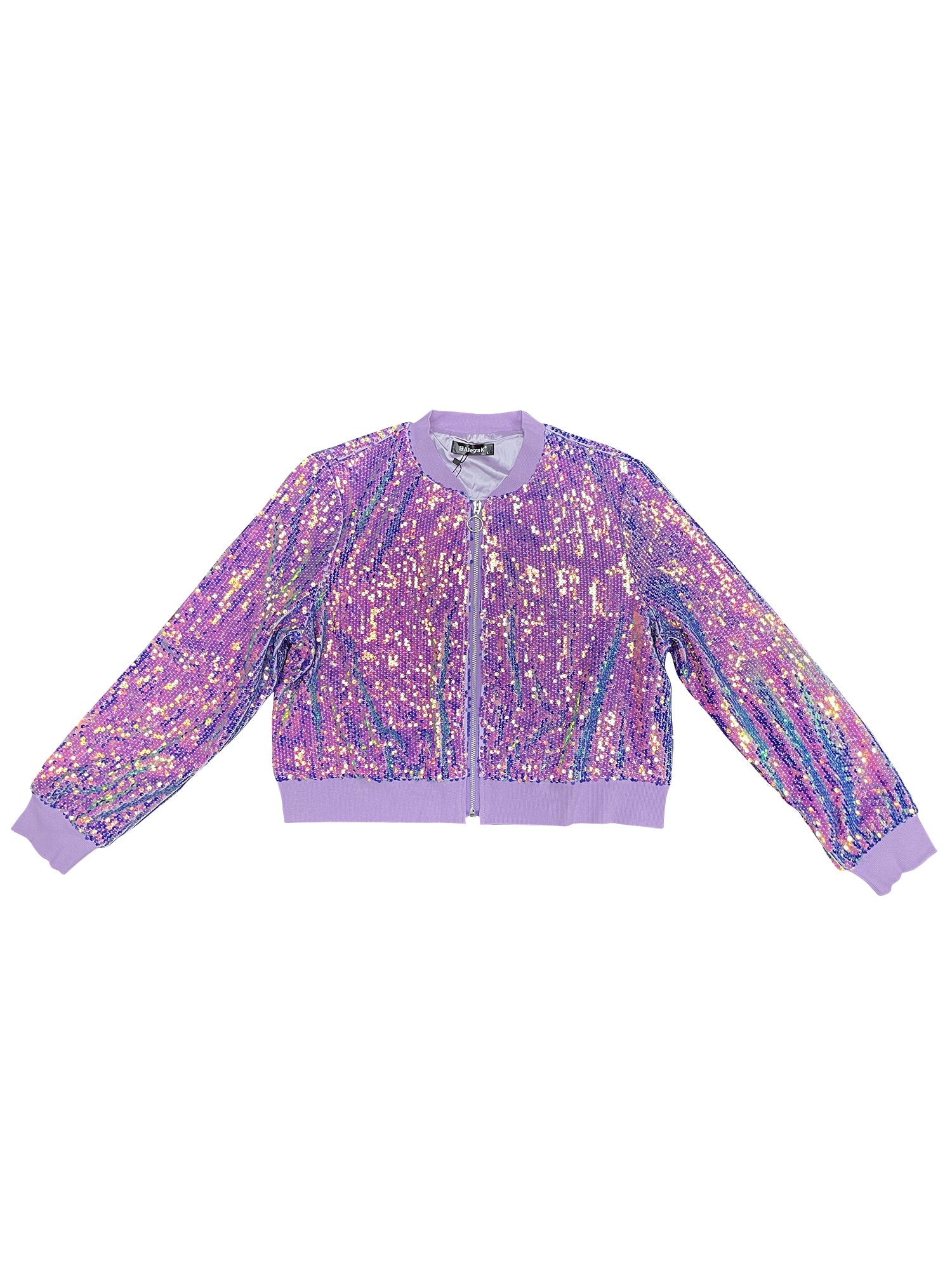 Sequin Long Sleeve Zipper Up Collarless Glitter Bomber Jacket