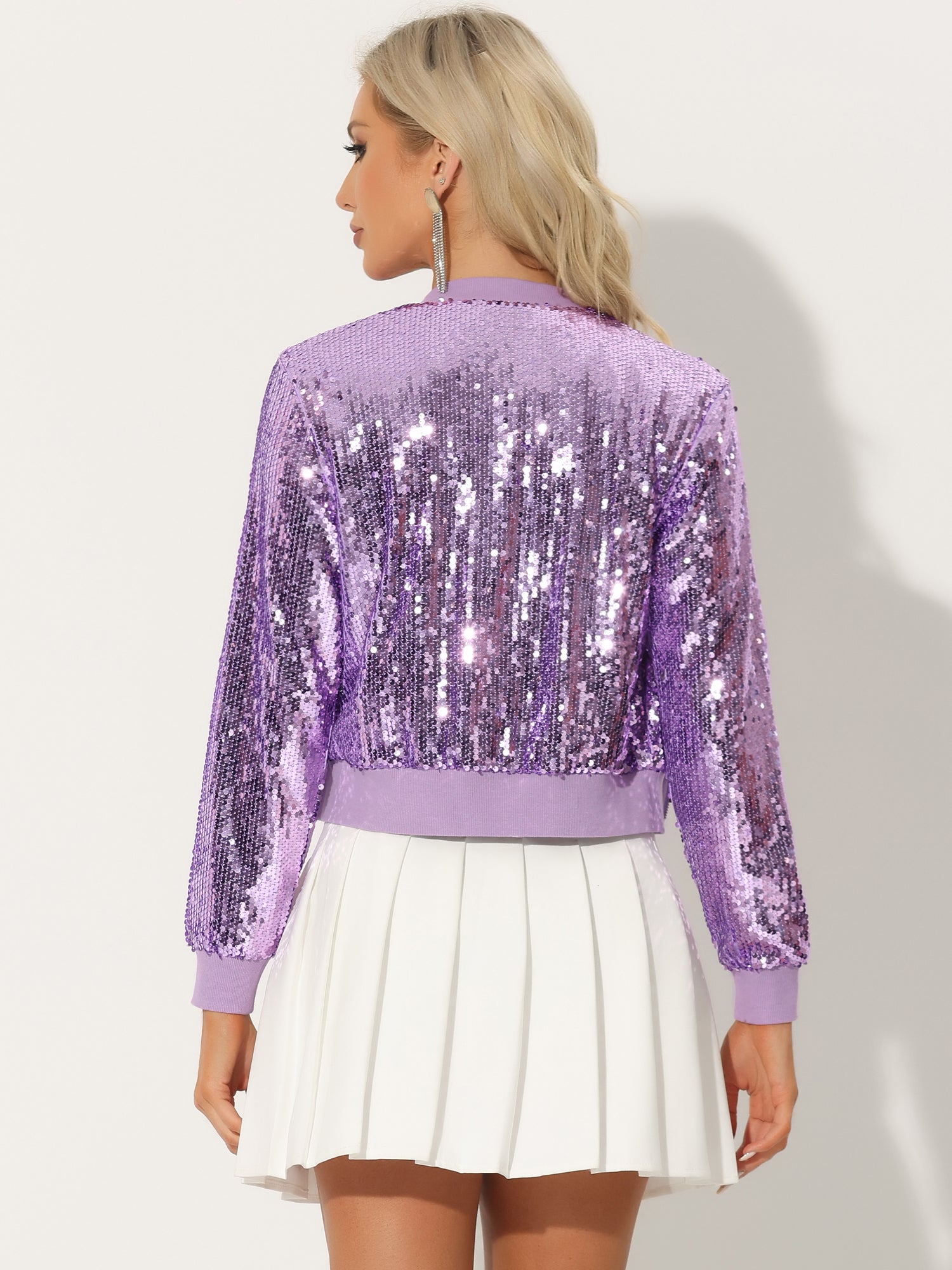 Sequin Long Sleeve Zipper Up Collarless Glitter Bomber Jacket