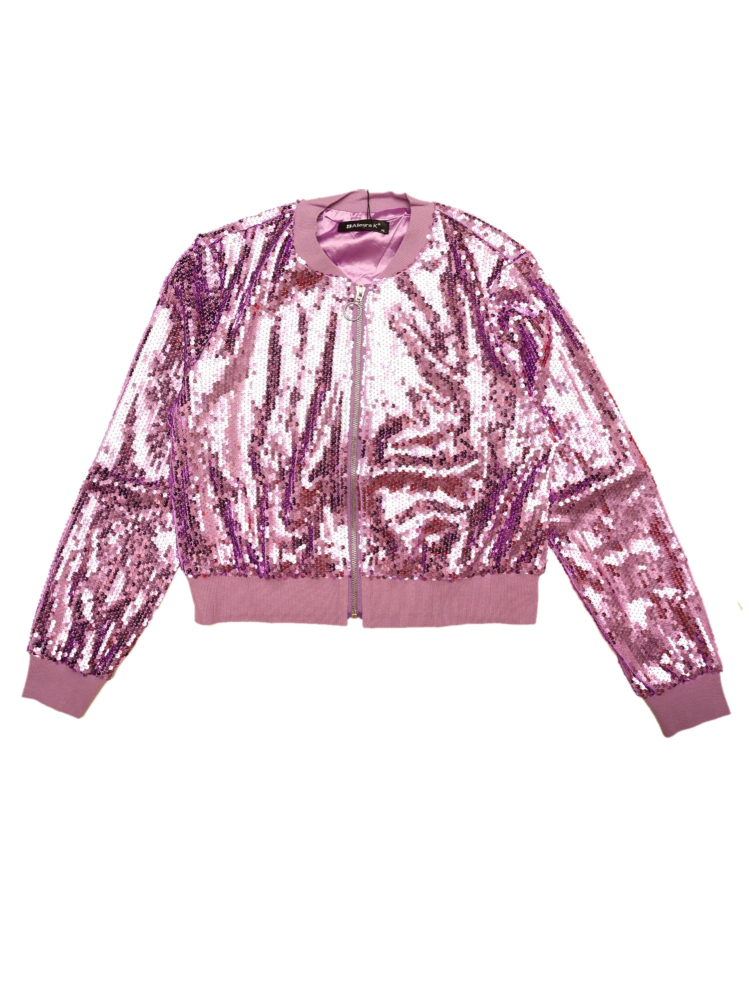 Sequin Long Sleeve Zipper Up Collarless Glitter Bomber Jacket