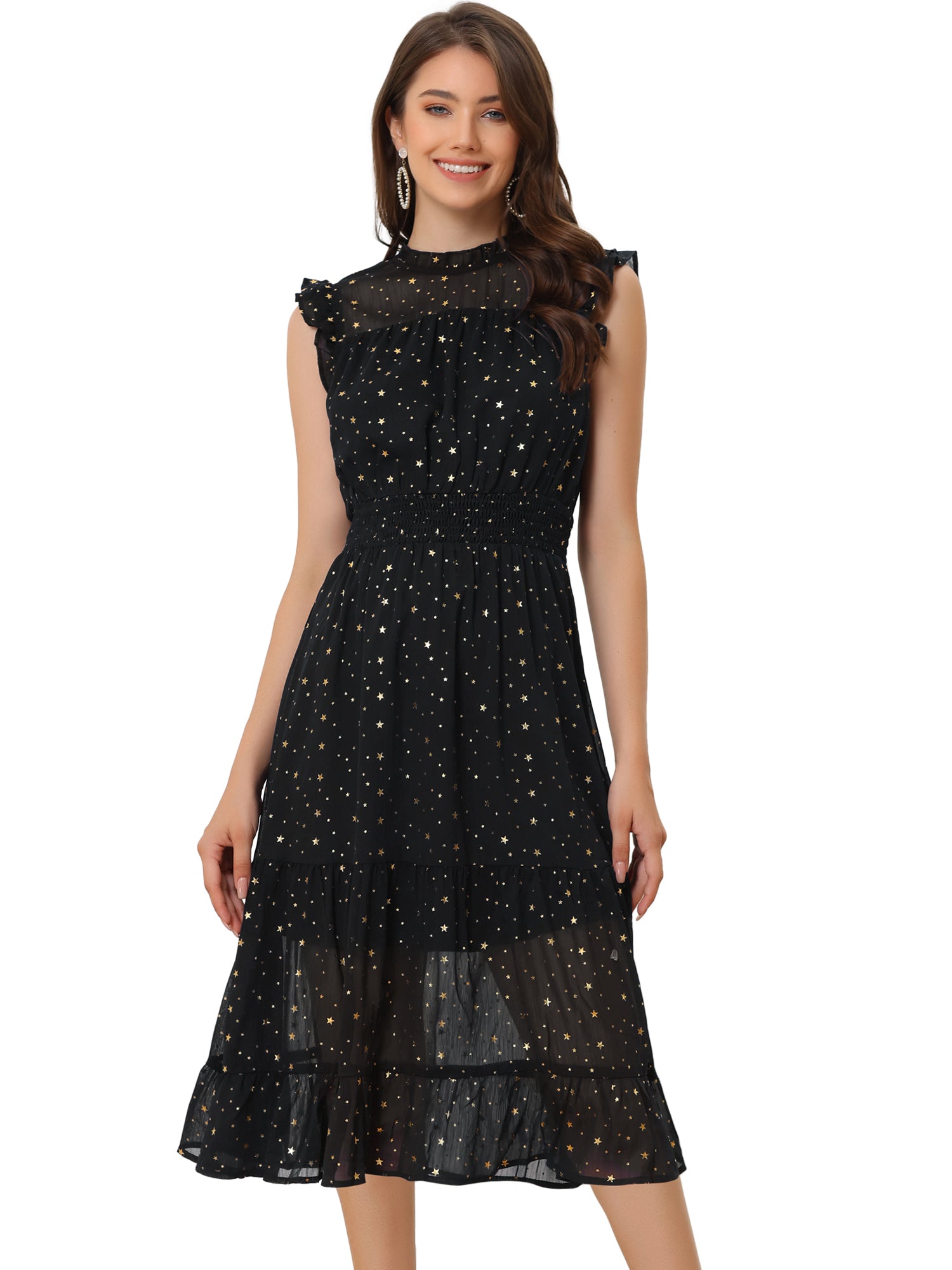 Chiffon Sleeveless Smocked Waist Gilding Metallic Stars Party Dress