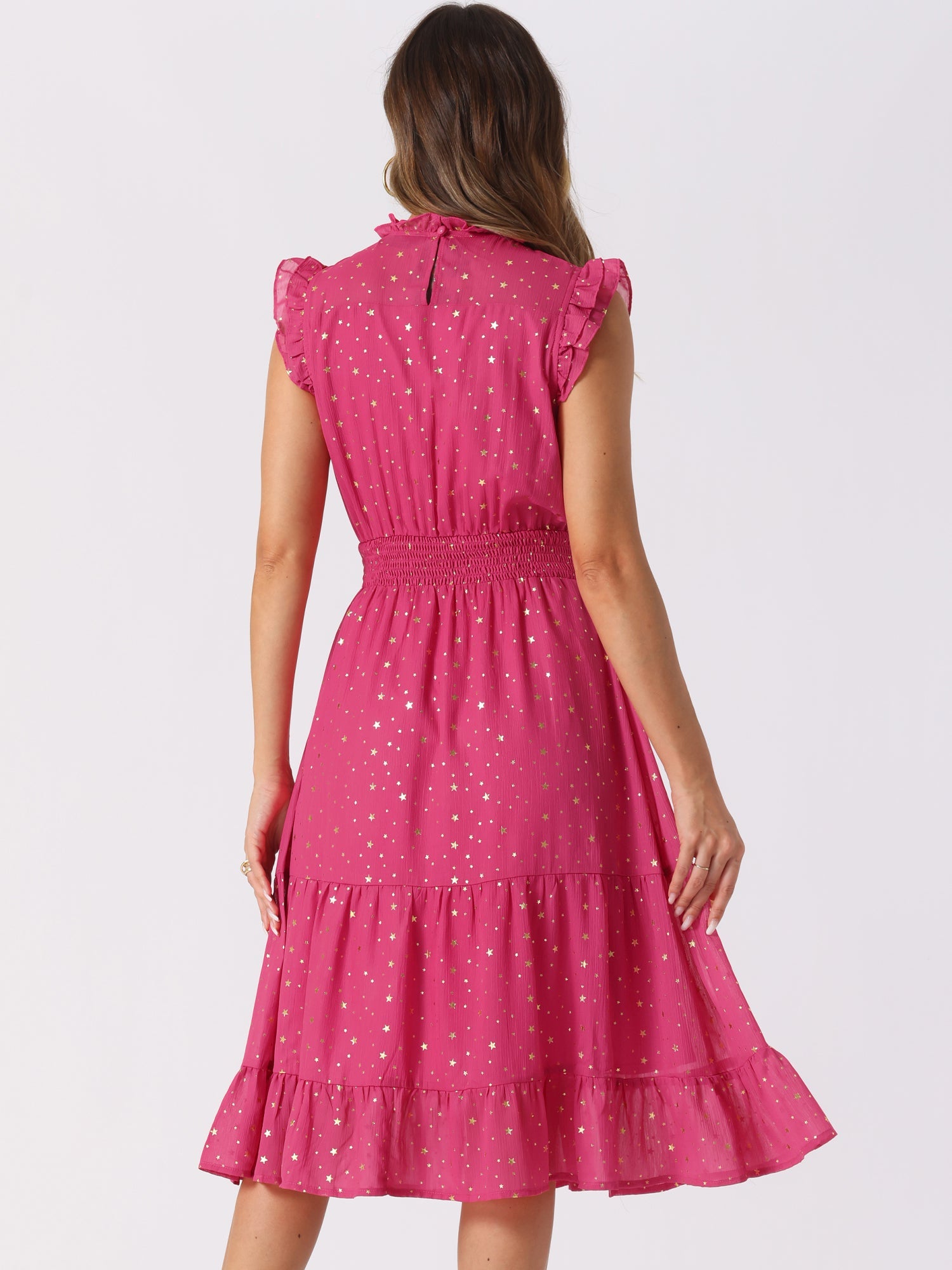 Chiffon Sleeveless Smocked Waist Gilding Metallic Stars Party Dress