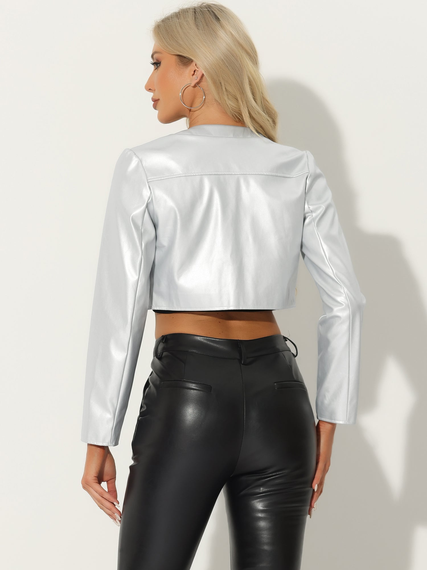 PU Bolero Open Front Leather Cropped Long Sleeve Cardigan