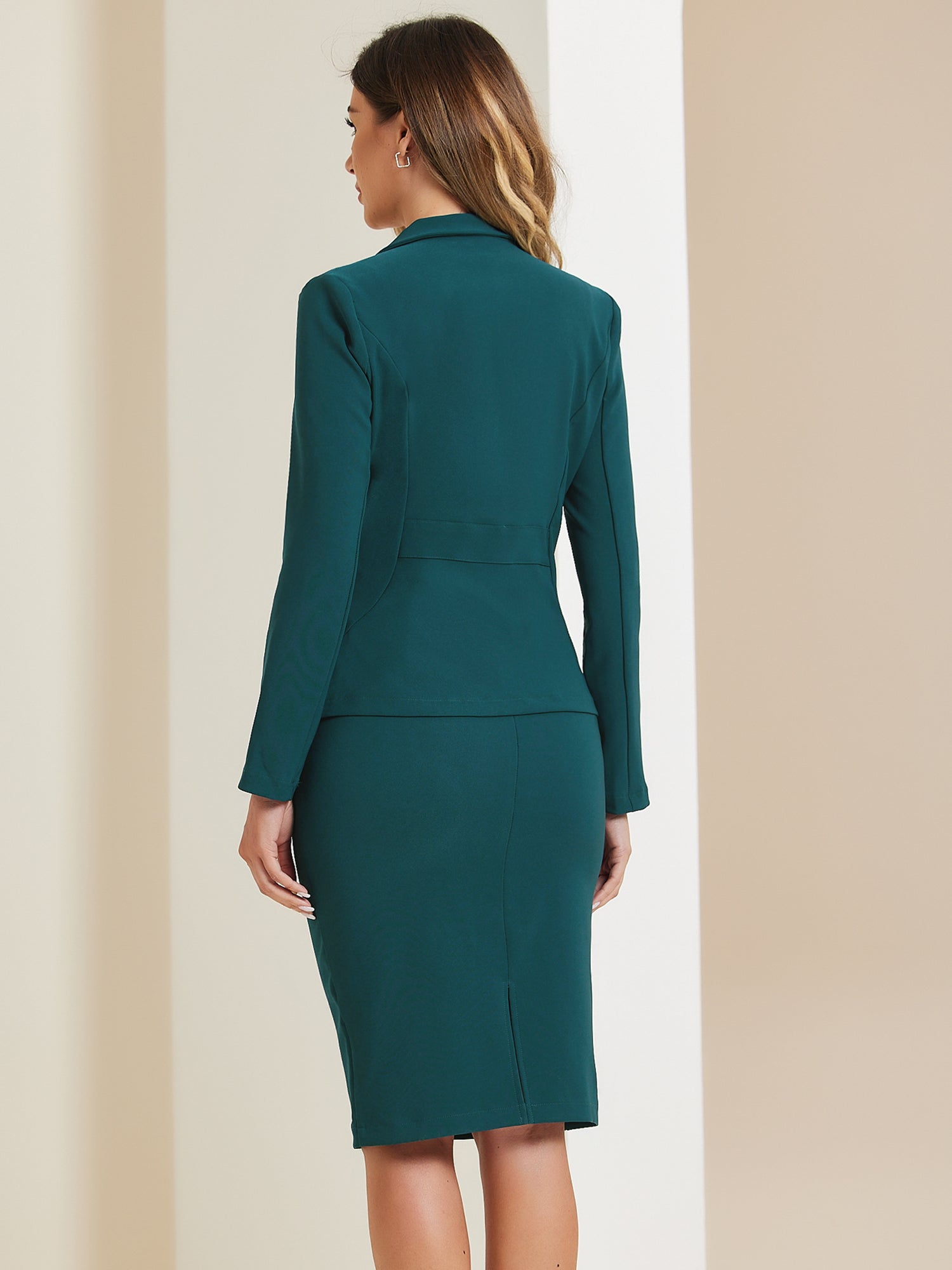 2 Pieces Business Casual Notched Lapel Long Sleeve Blazer & Pencil Skirt Suit Set