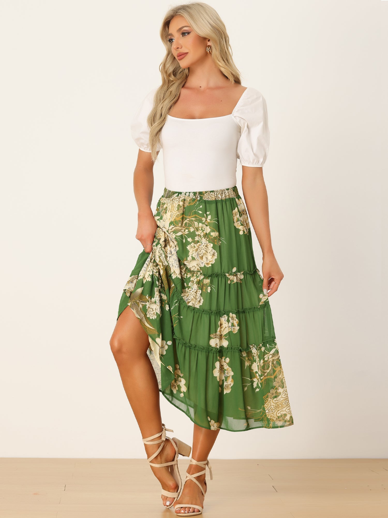 Chiffon Floral Printed Long Tiered Ruffle Boho Midi Skirt