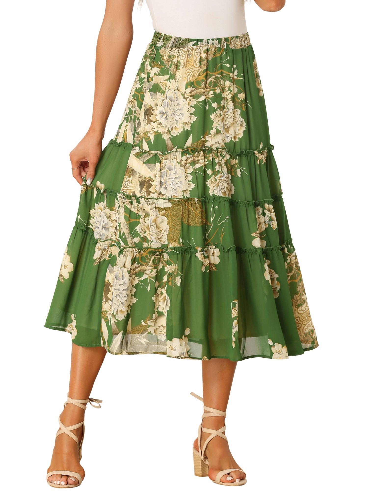 Chiffon Floral Printed Long Tiered Ruffle Boho Midi Skirt