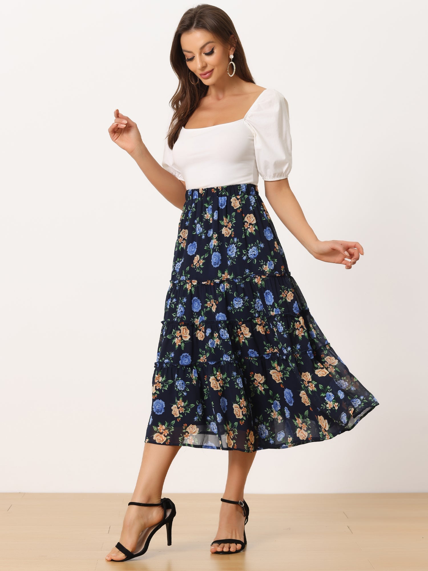 Ruffle Boho Chiffon Floral Printed Long Tiered Midi Skirt