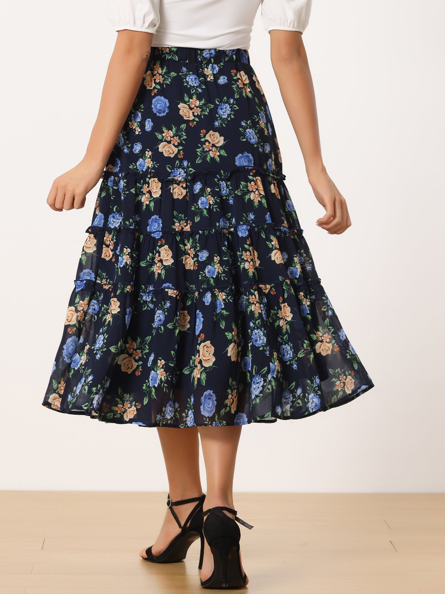 Ruffle Boho Chiffon Floral Printed Long Tiered Midi Skirt