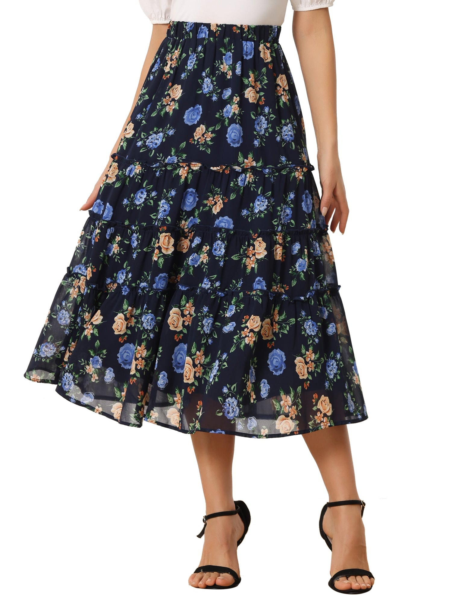 Ruffle Boho Chiffon Floral Printed Long Tiered Midi Skirt