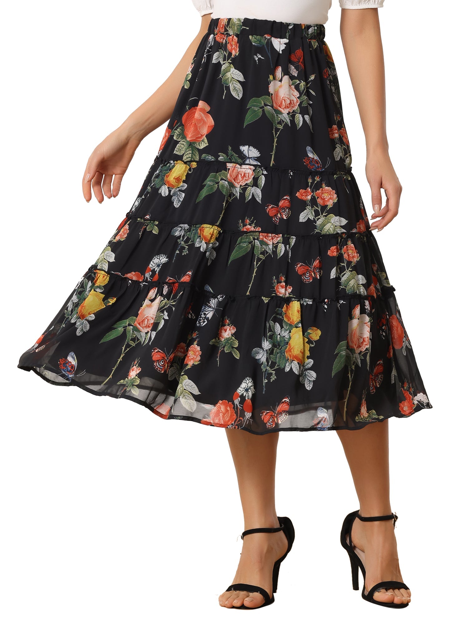 Chiffon Floral Printed Long Tiered Ruffle Boho Midi Skirt