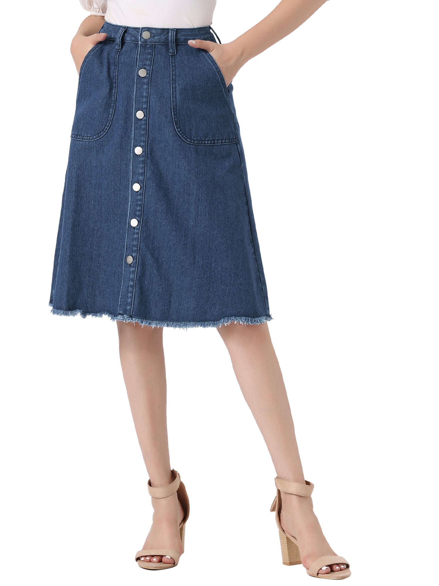 Denim Raw Hem Button Down Midi Jeans Skirt