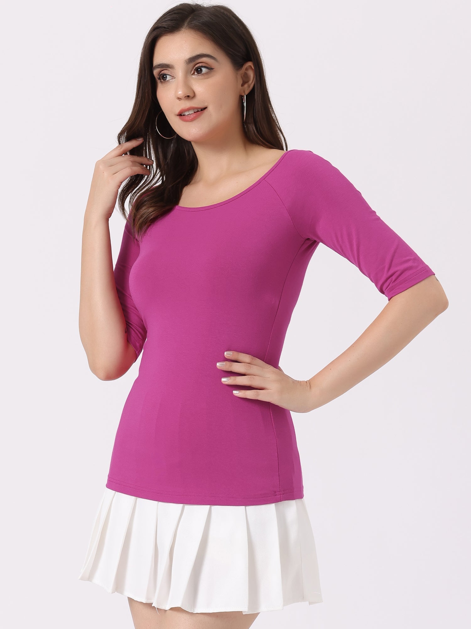 Scoop Neck Half Sleeves Fitted Layering Soft T-Shirt