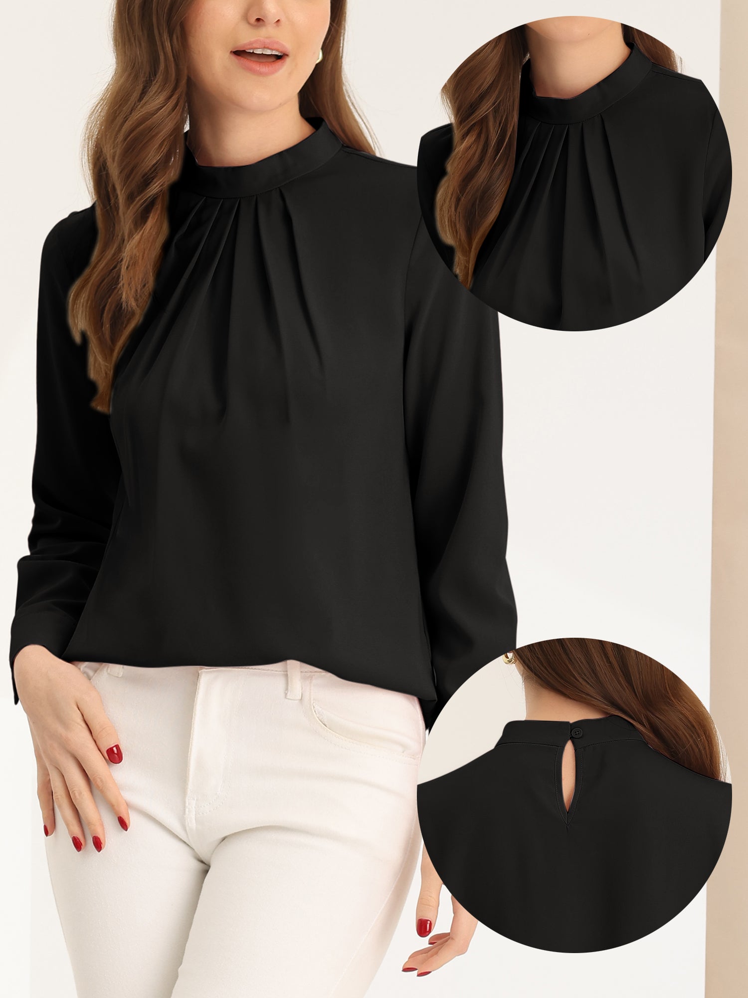 Stand Collar Chiffon Long Sleeve Business Casual Work Blouse