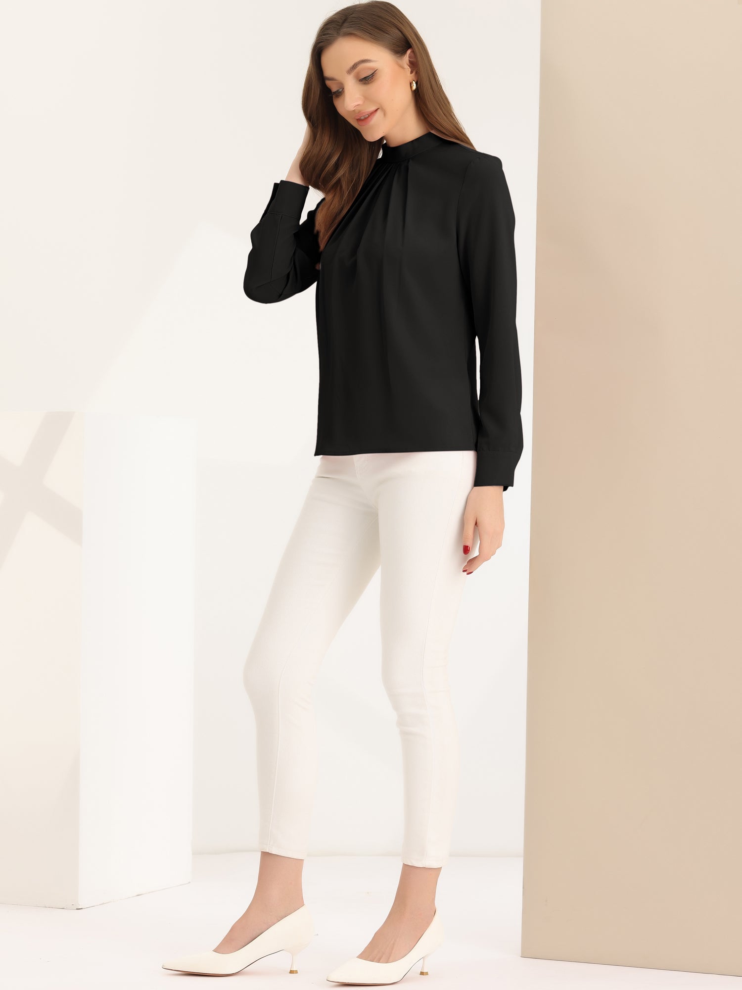 Stand Collar Chiffon Long Sleeve Business Casual Work Blouse