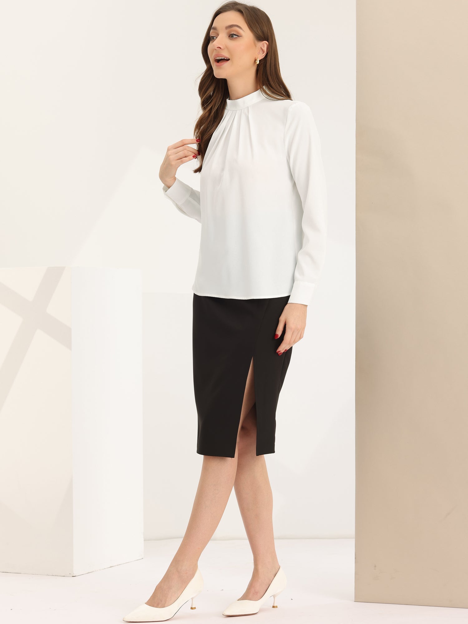 Stand Collar Chiffon Long Sleeve Business Casual Work Blouse