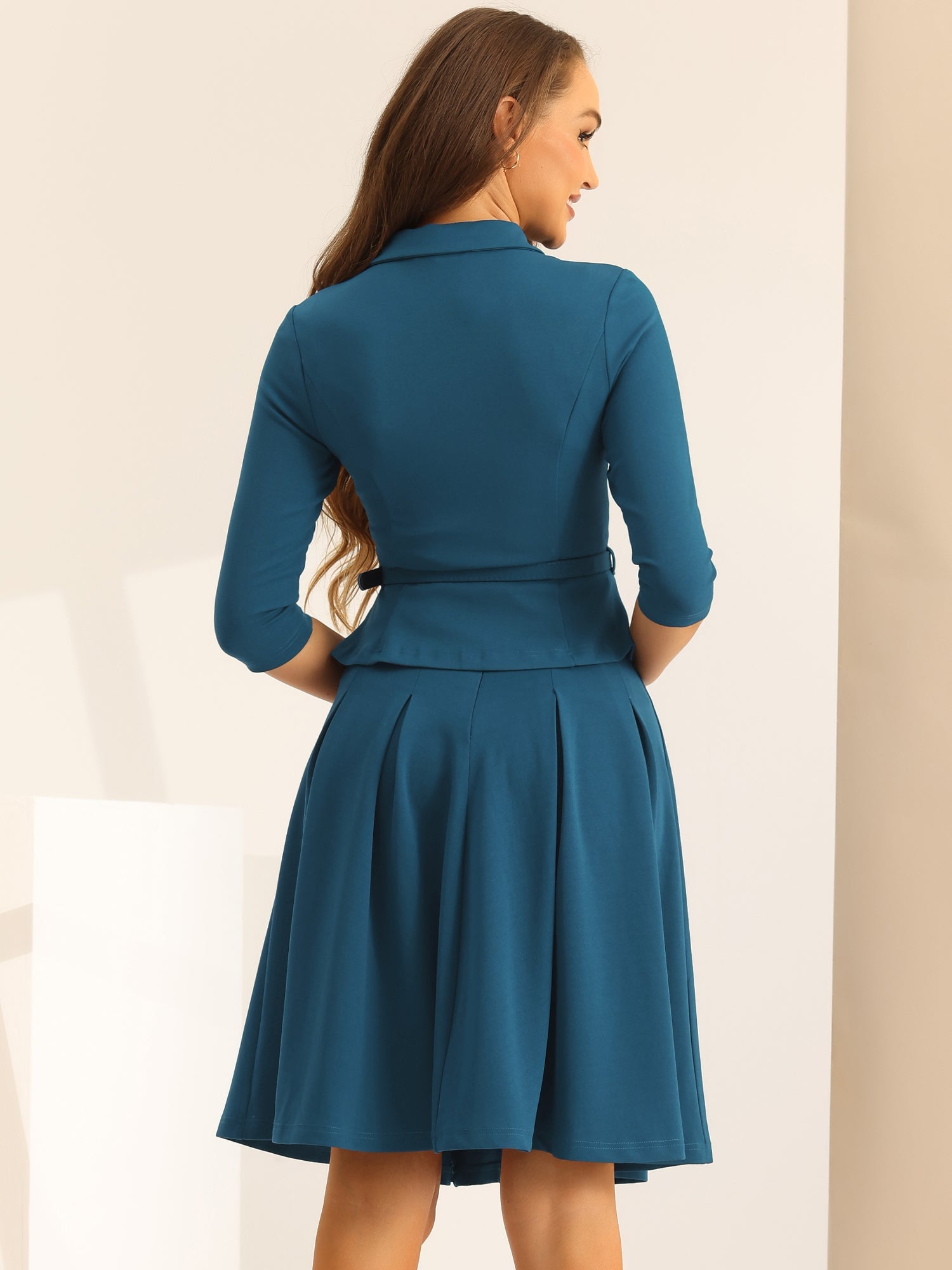 2 Piece 3/4 Sleeve Cropped Belted Blazer and Pleated Skirt Business Suit Sets