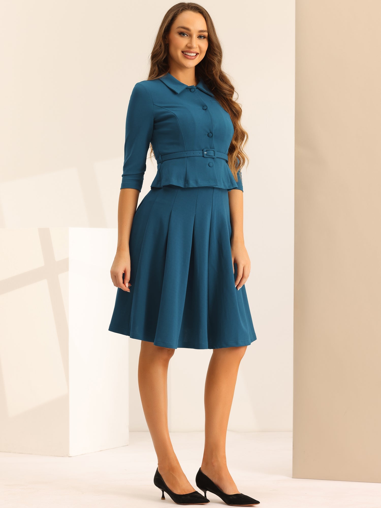 2 Piece 3/4 Sleeve Cropped Belted Blazer and Pleated Skirt Business Suit Sets