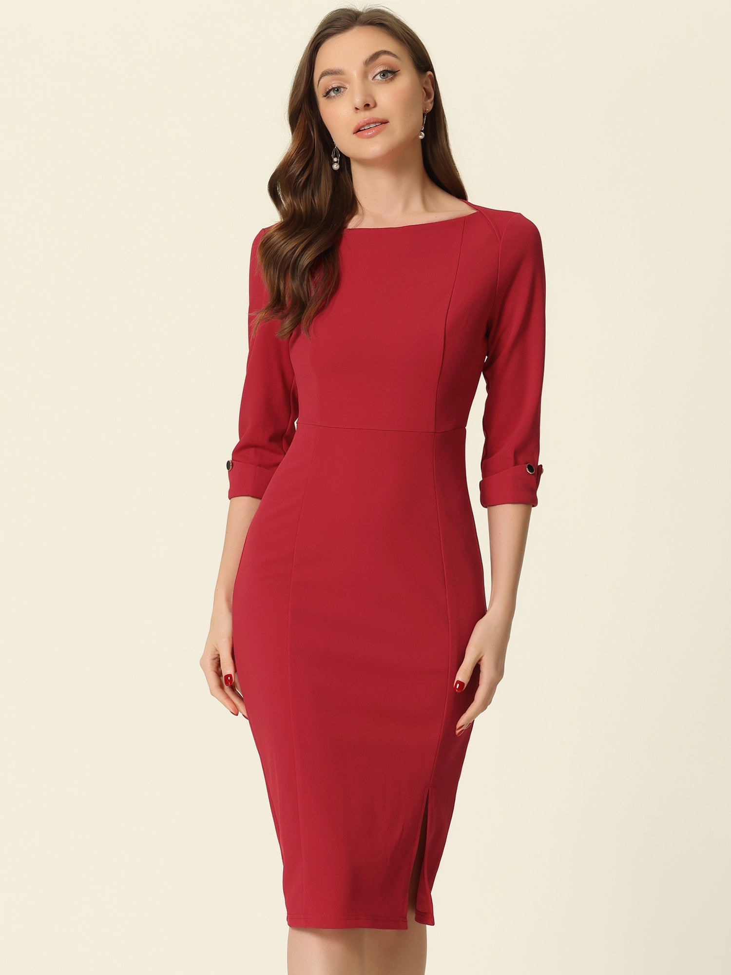 Elegant Boat Neck 3/4 Sleeves Work Midi Split Sheath Dress