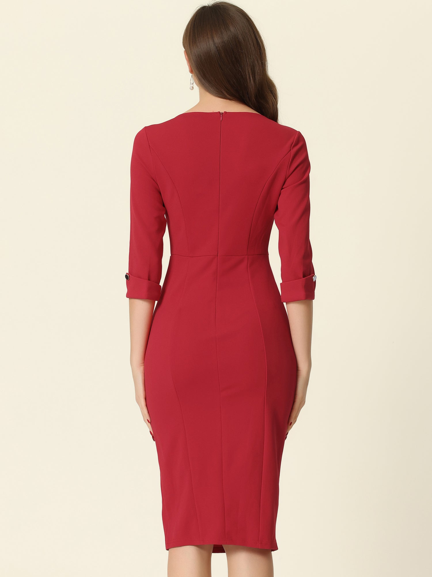 Elegant Boat Neck 3/4 Sleeves Work Midi Split Sheath Dress