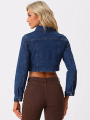 Collared Button Down Long Sleeve Denim Crop Jean Jacket