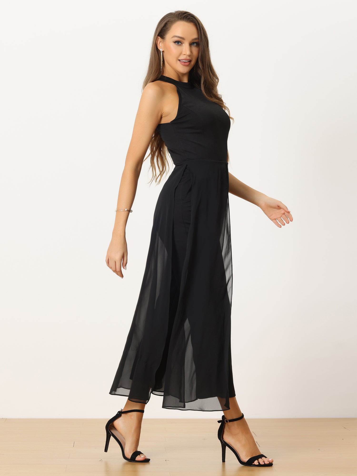 Sleeveless Halter Neck Belted Elegant Wedding Cocktail Dressy Jumpsuits