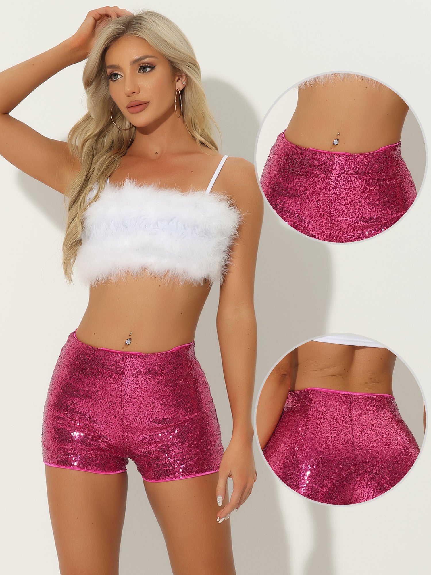 Sequin Midrise Solid Sparkle Cocktail Zipper Elastic Waist Shorts