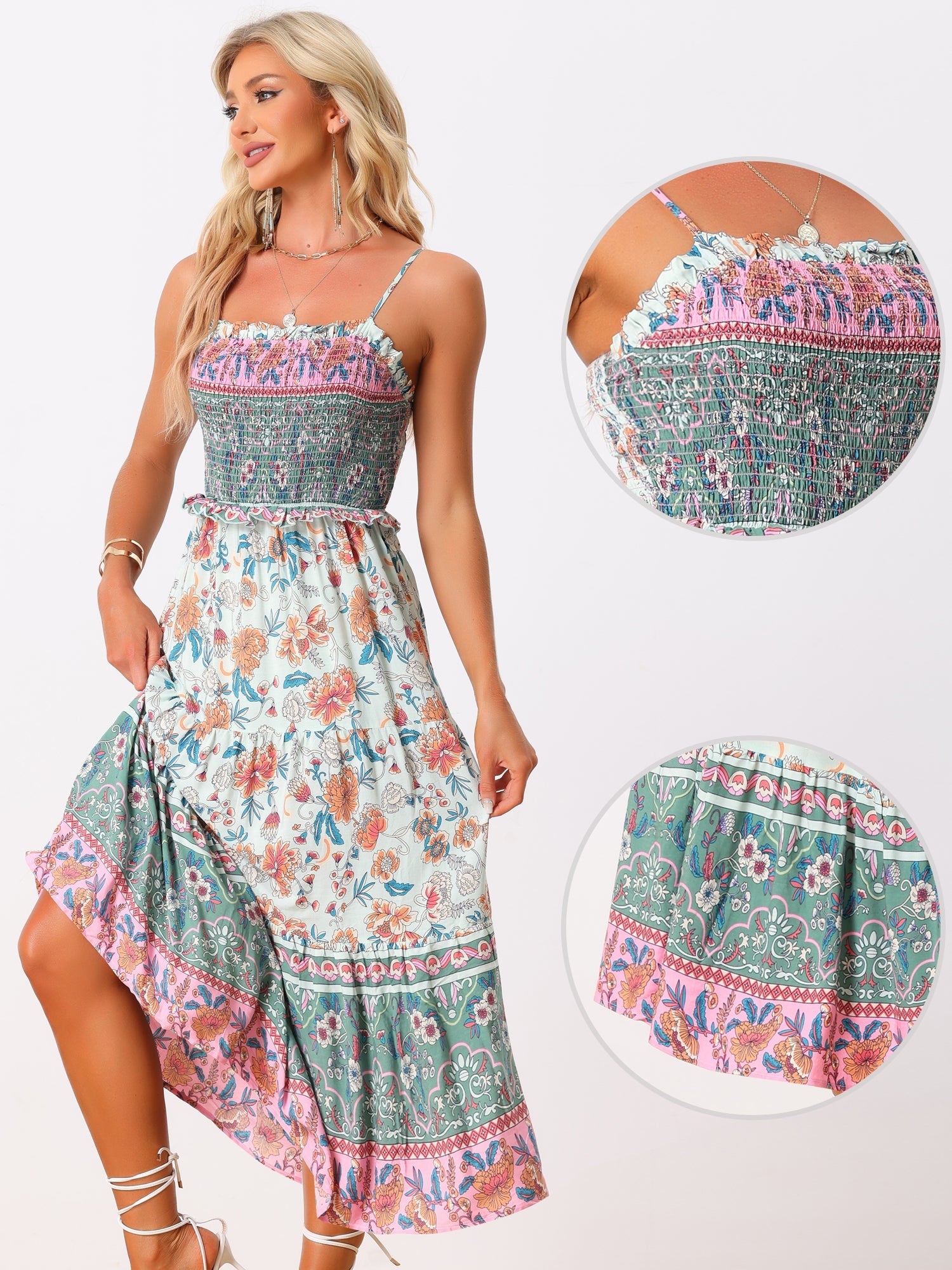 Boho Floral Summer Spaghetti Strap A-Line Flowy Smocked Midi Dress Sundress