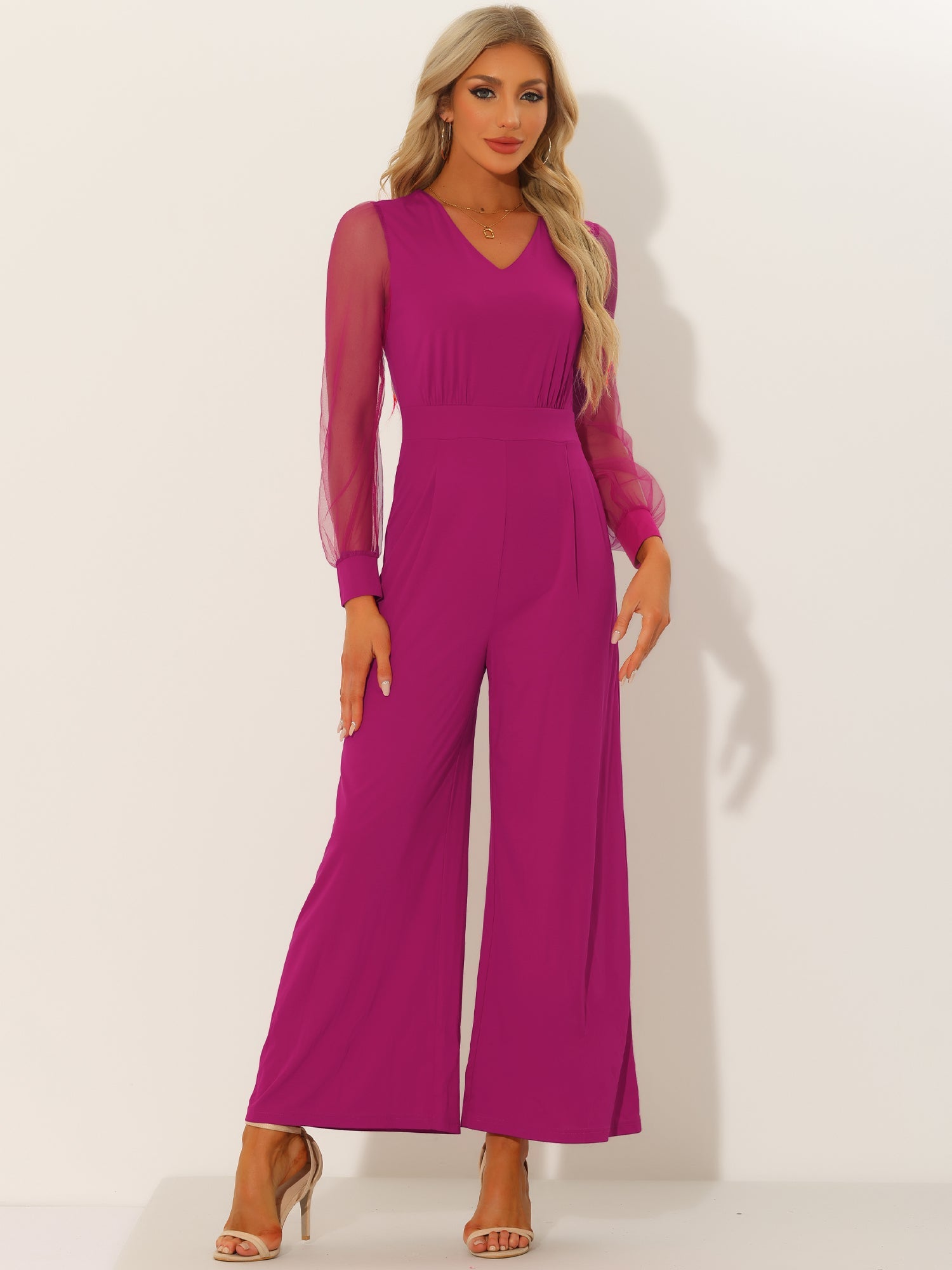 Elegant V Neck Mesh Long Sleeve Loose Wide Leg Jumpsuits