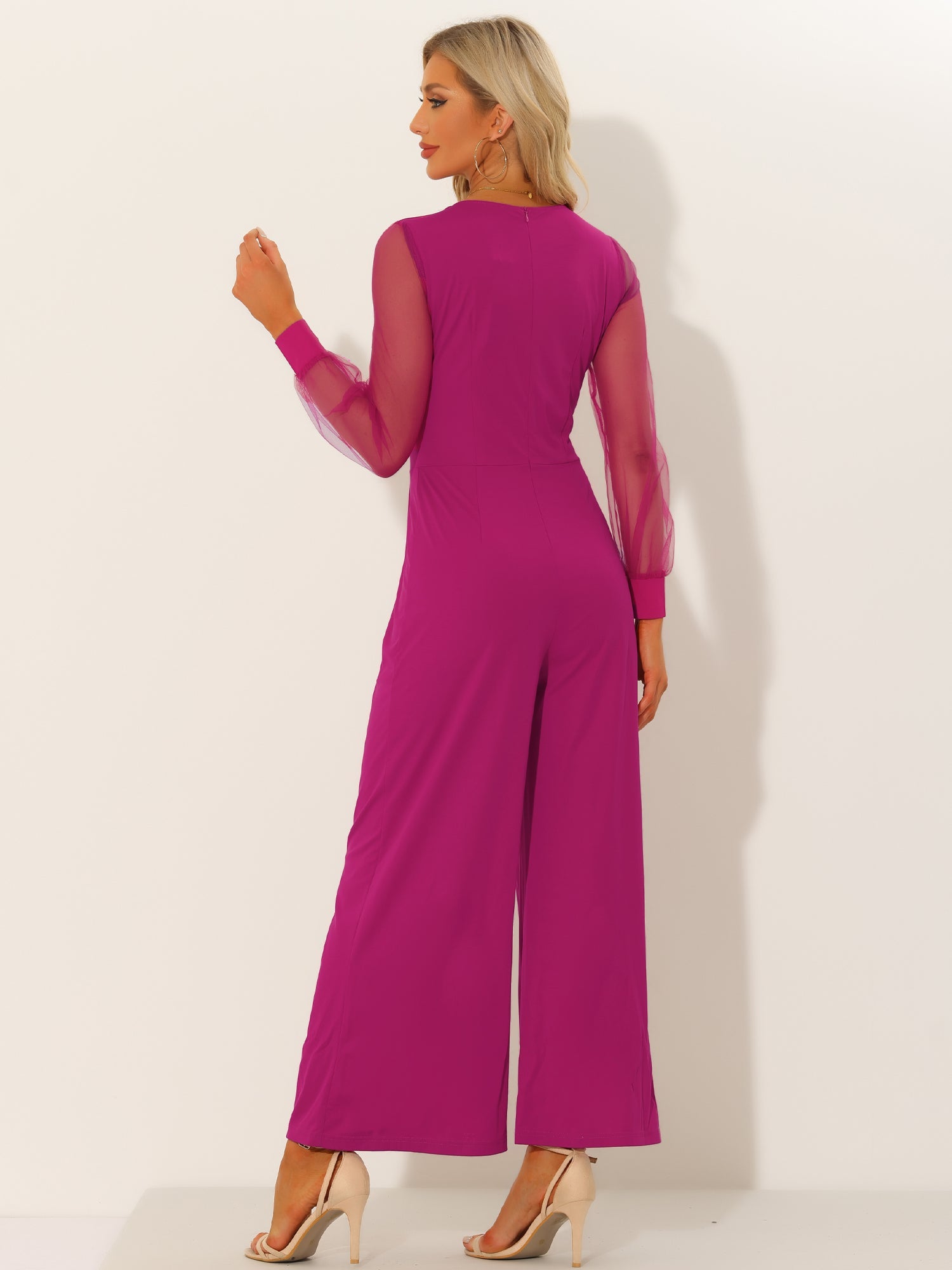 Elegant V Neck Mesh Long Sleeve Loose Wide Leg Jumpsuits