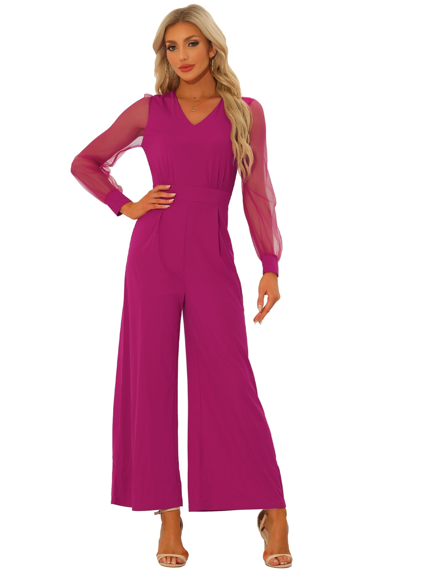 Elegant V Neck Mesh Long Sleeve Loose Wide Leg Jumpsuits