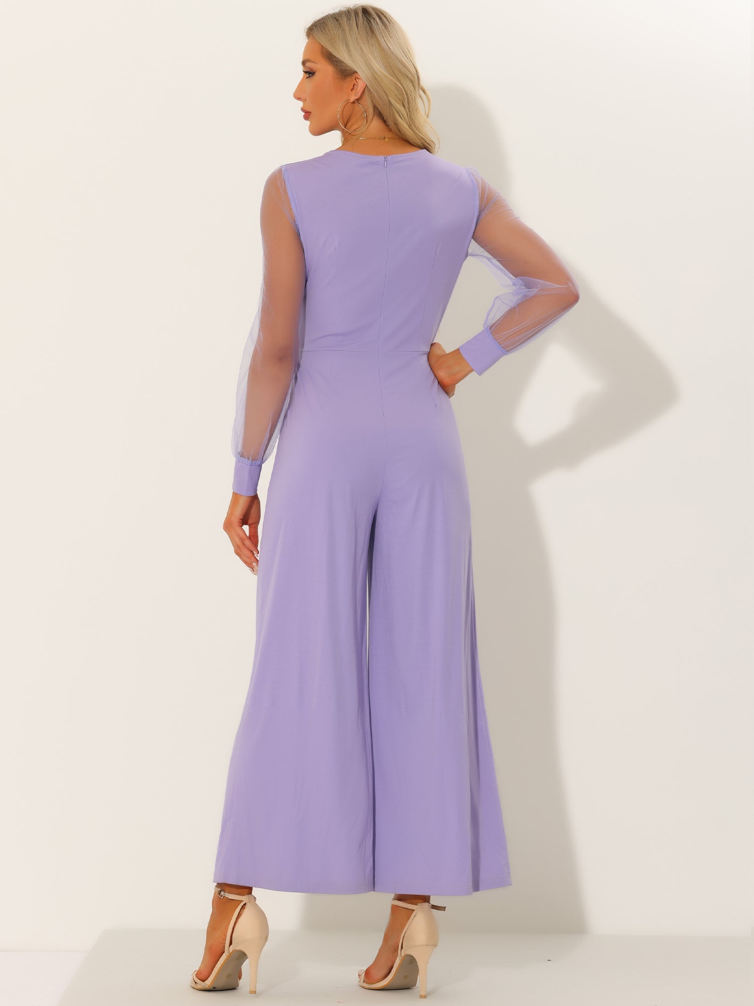 Elegant V Neck Mesh Long Sleeve Loose Wide Leg Jumpsuits