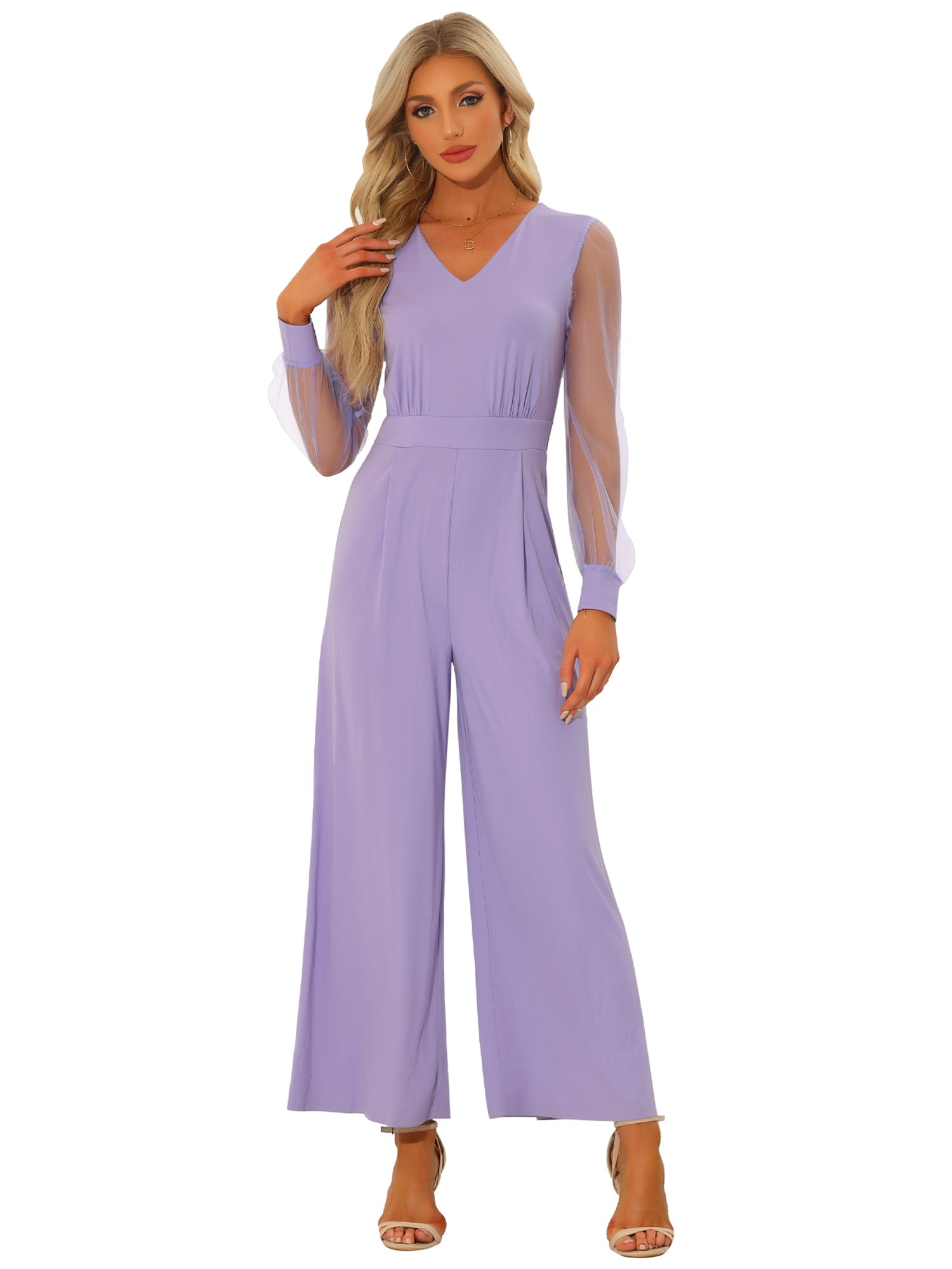 Elegant V Neck Mesh Long Sleeve Loose Wide Leg Jumpsuits