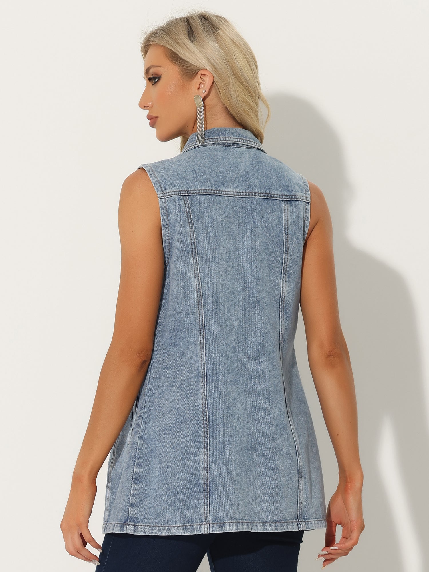 Casual Button Down Waistcoat Sleeveless Mid Long Denim Vest