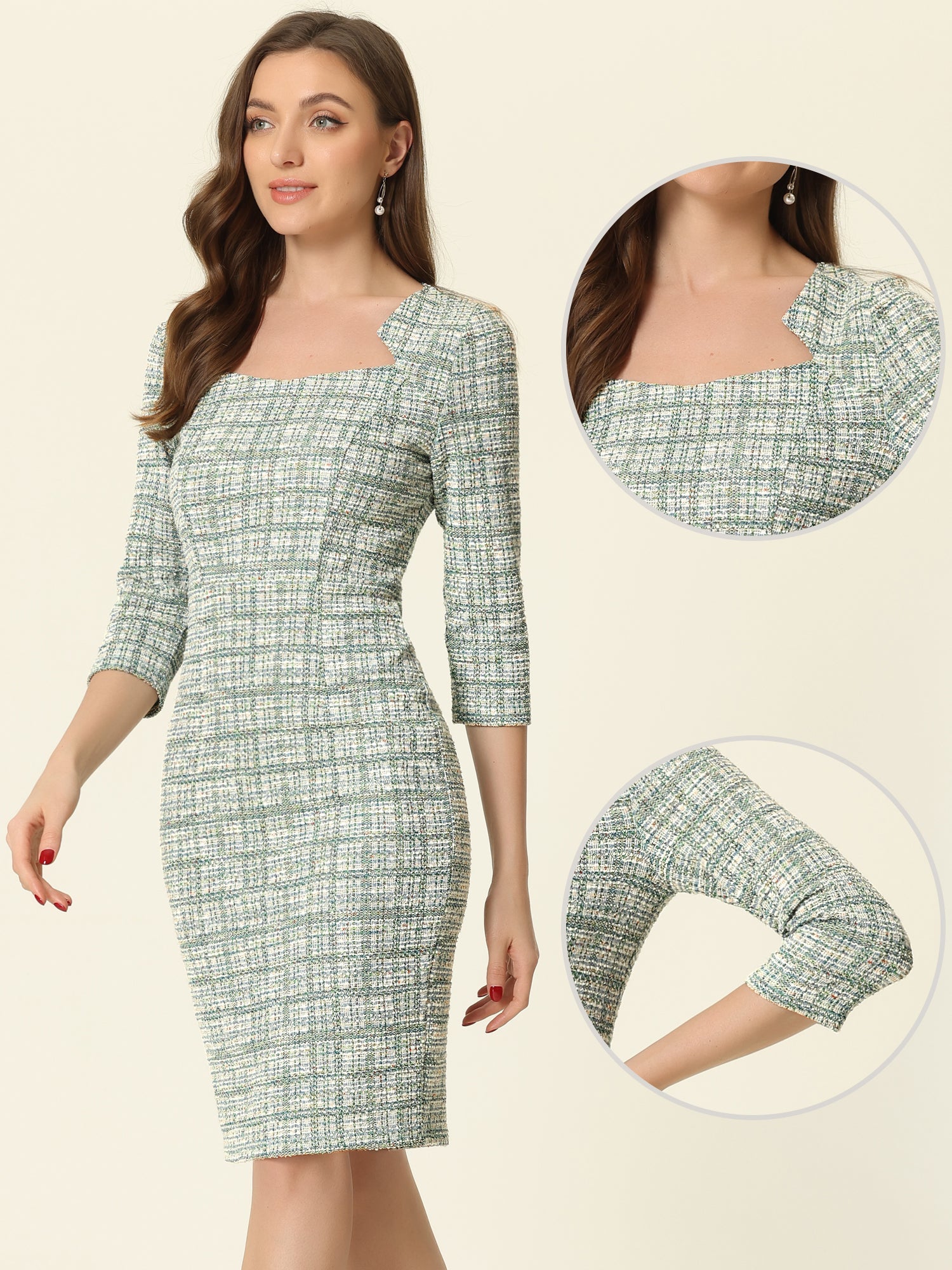 Elegant Square Neck 3/4 Sleeve Plaid Tweed Sheath Dress