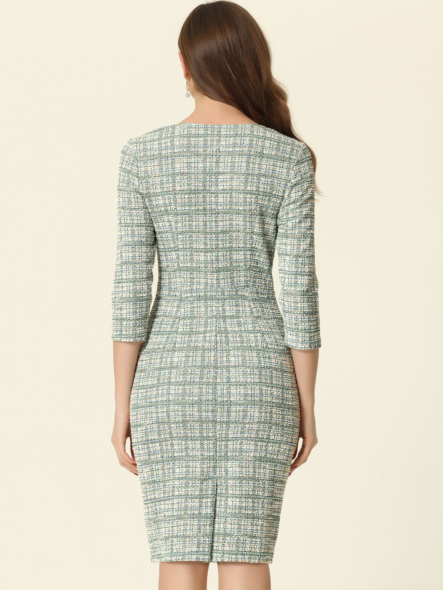Elegant Square Neck 3/4 Sleeve Plaid Tweed Sheath Dress