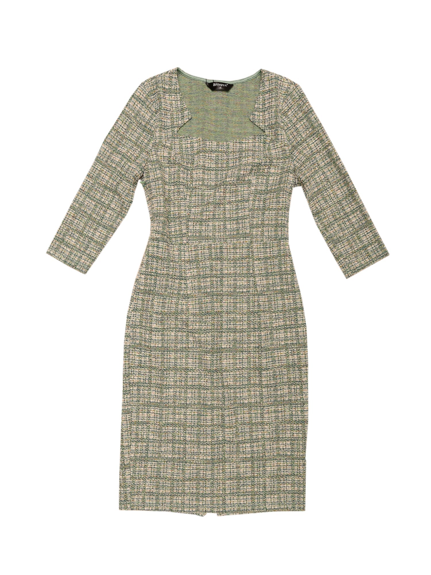Elegant Square Neck 3/4 Sleeve Plaid Tweed Sheath Dress