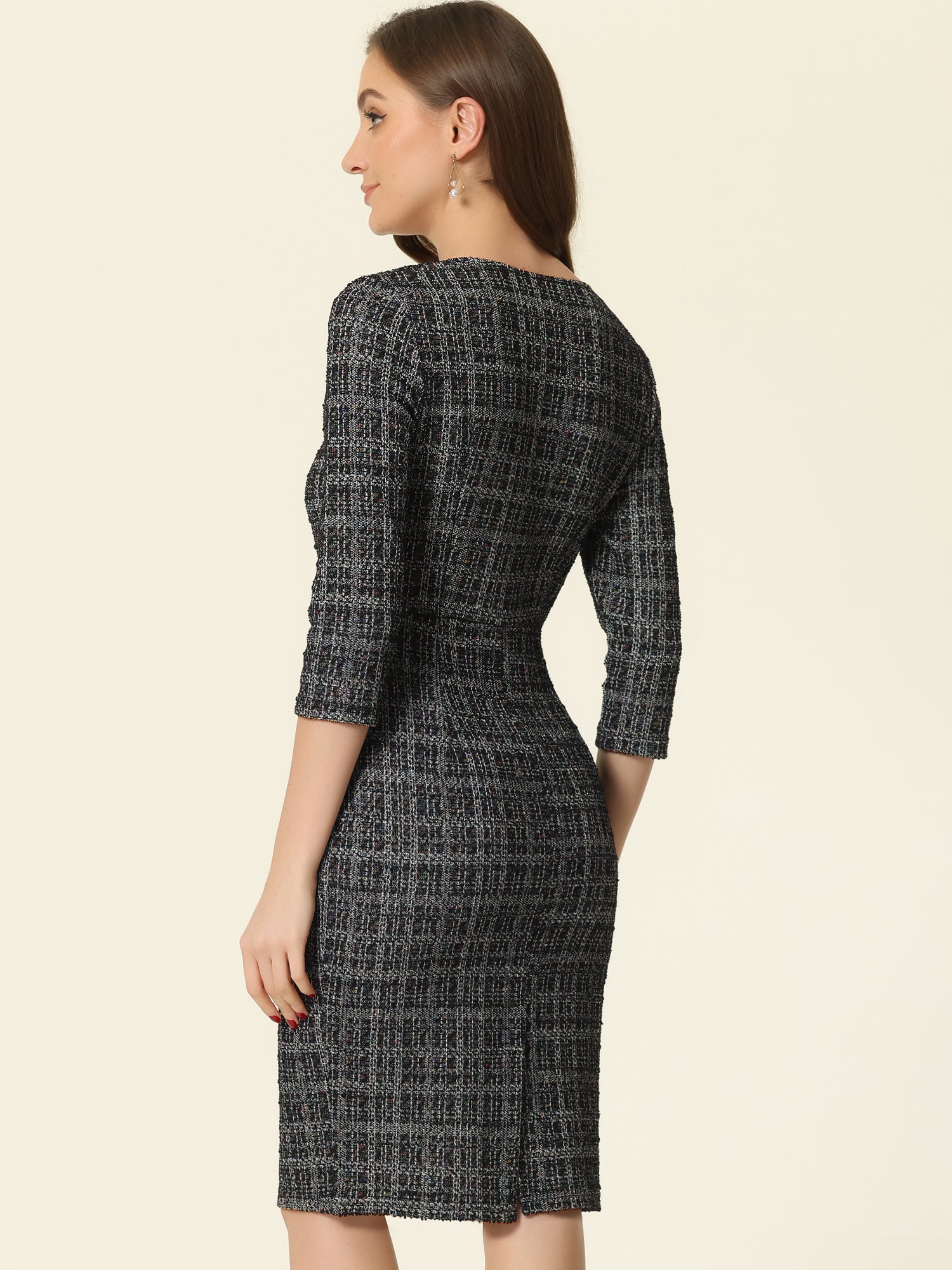 Elegant Square Neck 3/4 Sleeve Plaid Tweed Sheath Dress
