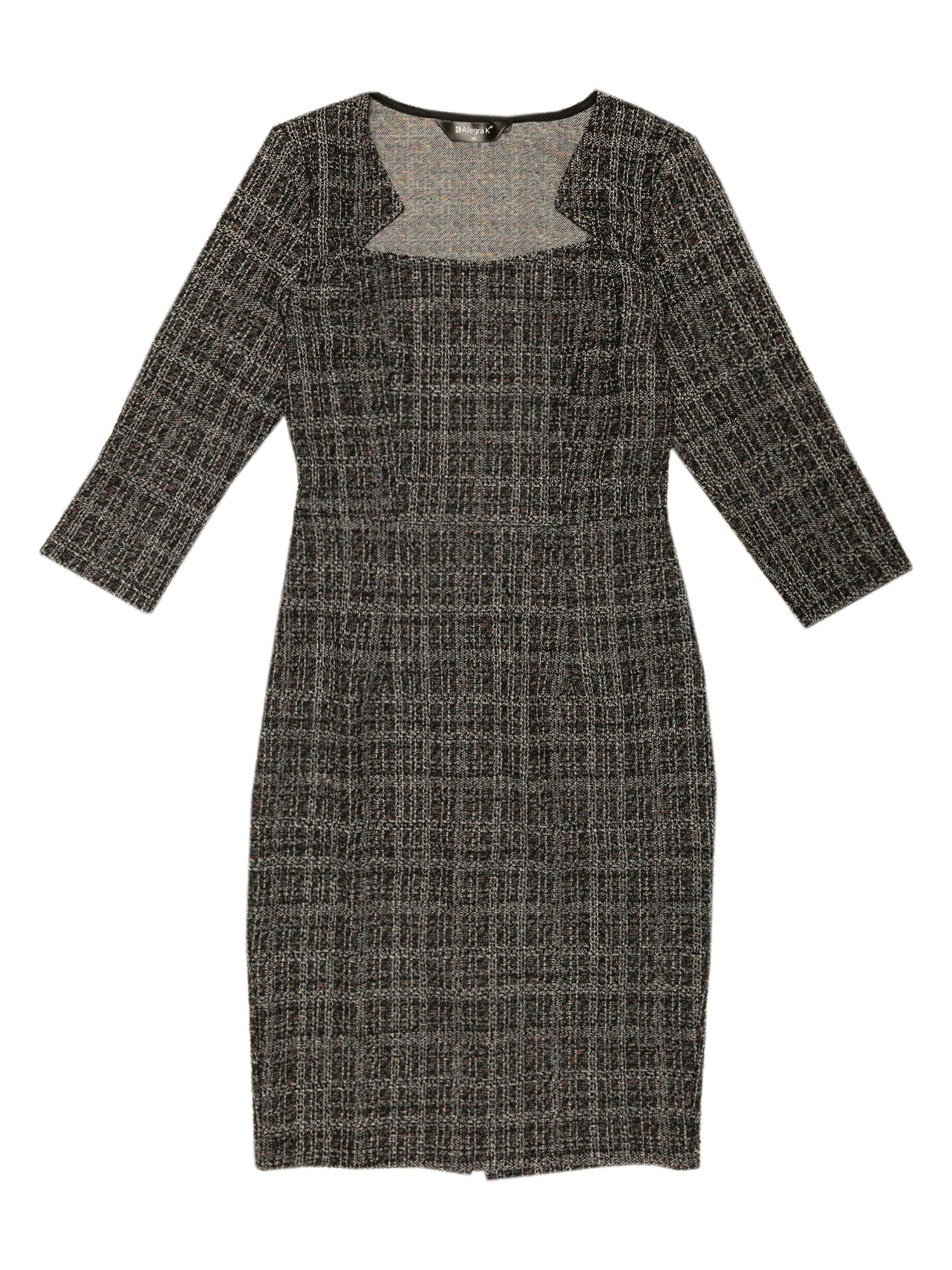 Elegant Square Neck 3/4 Sleeve Plaid Tweed Sheath Dress