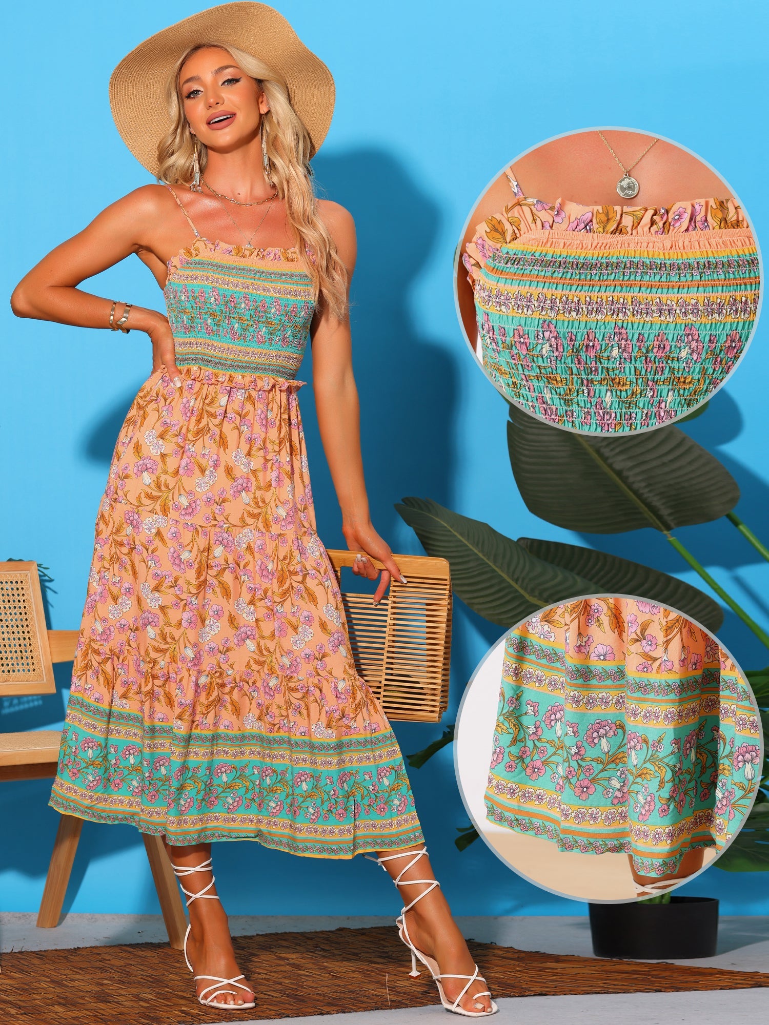 Boho Floral Summer Spaghetti Strap A-Line Flowy Smocked Midi Dress Sundress