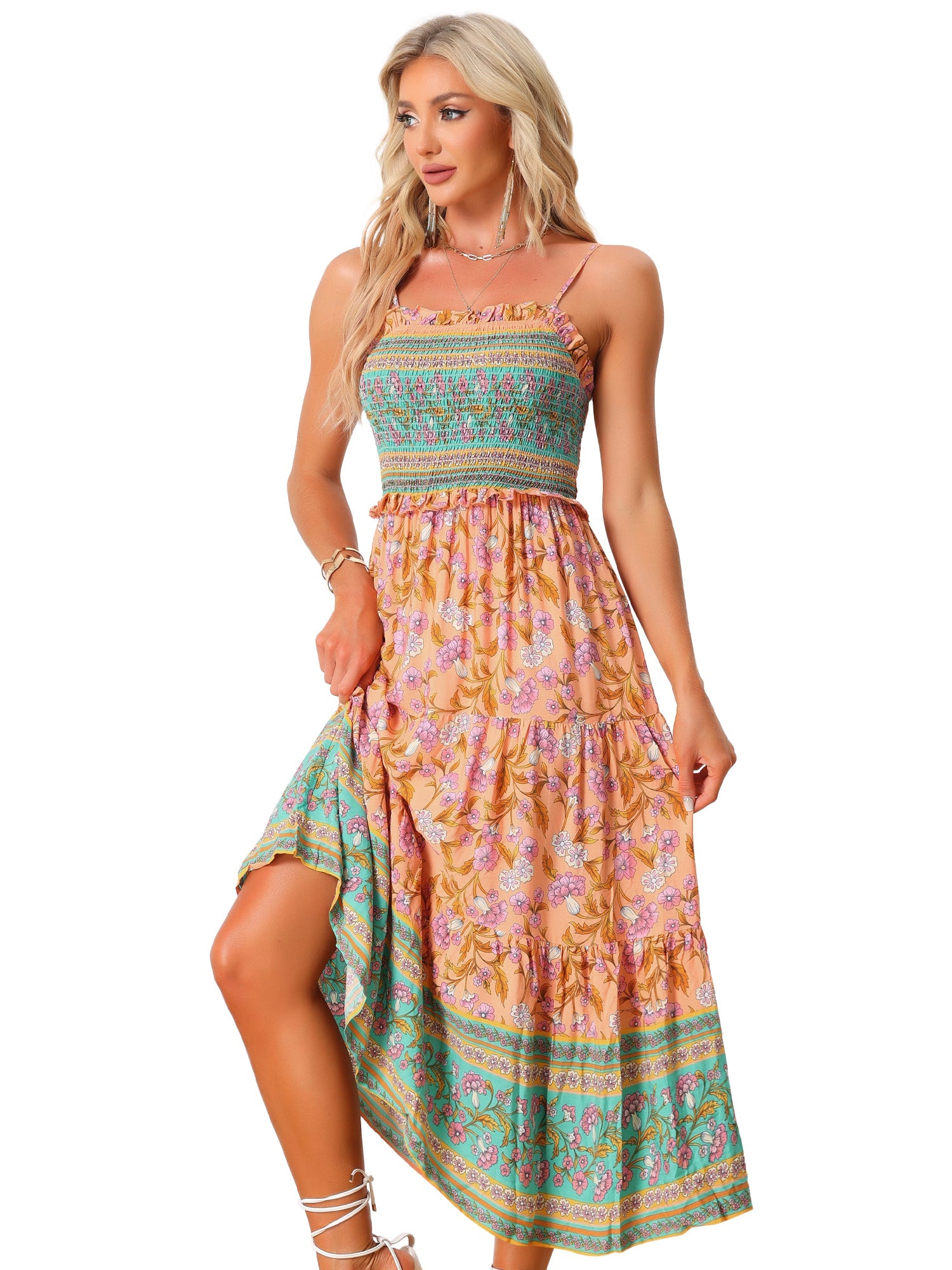 Boho Floral Summer Spaghetti Strap A-Line Flowy Smocked Midi Dress Sundress