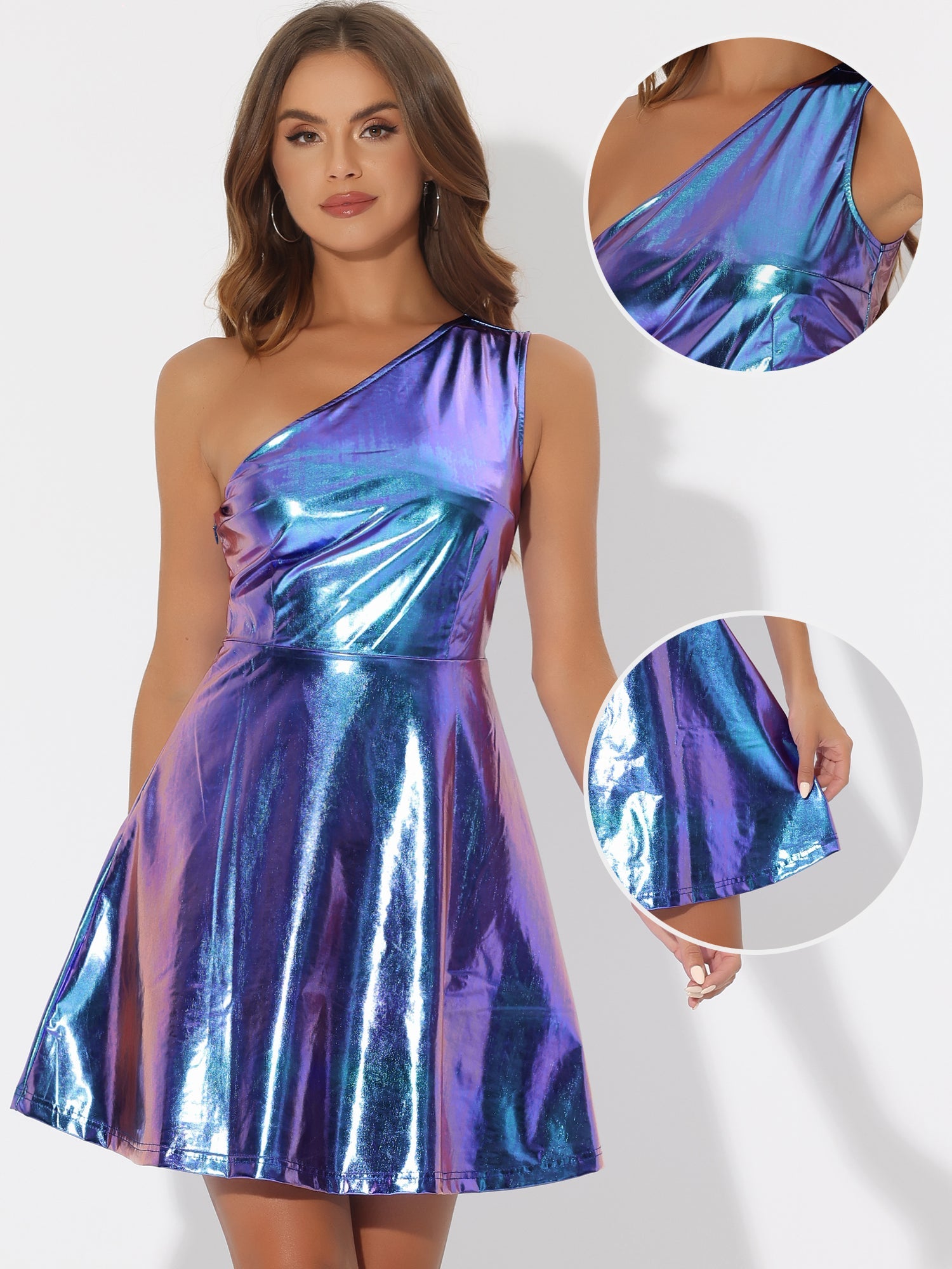 Metallic Sleeveless One Shoulder Party Disco Holographic Dress