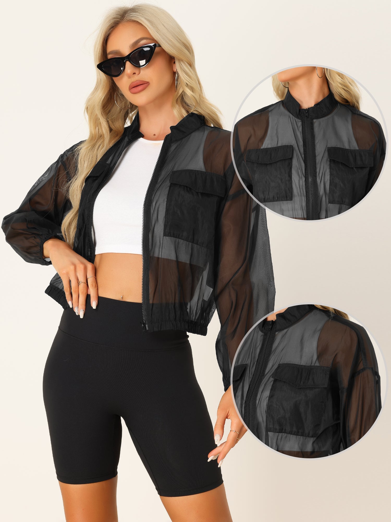 Sheer Zip Up Long Sleeve See Through Bomber Jacket