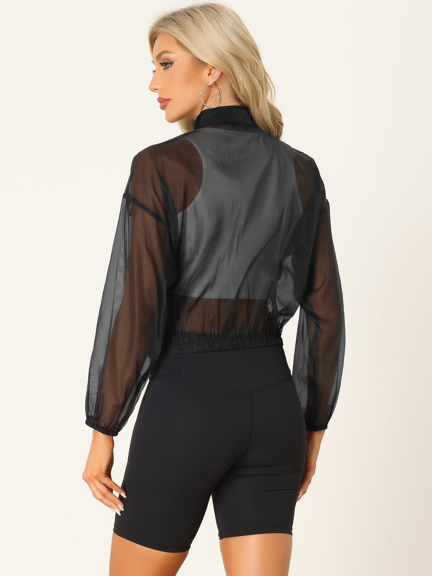 Sheer Zip Up Long Sleeve See Through Bomber Jacket